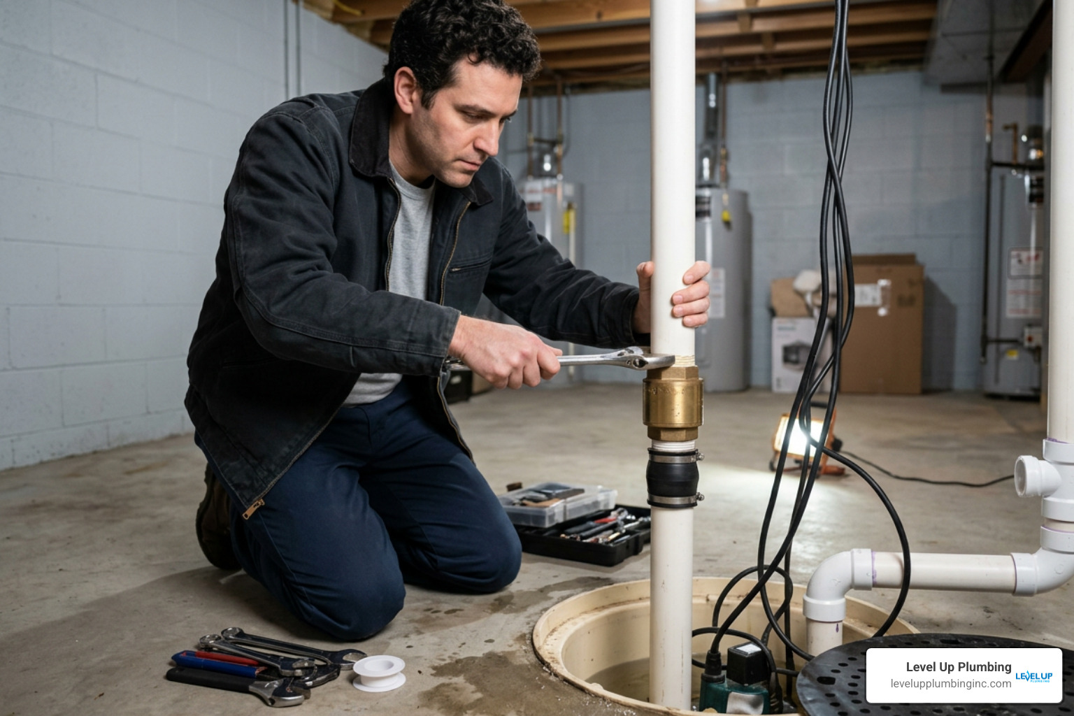 Plumber securing discharge lines and check valves Plumber securing discharge lines and check valves