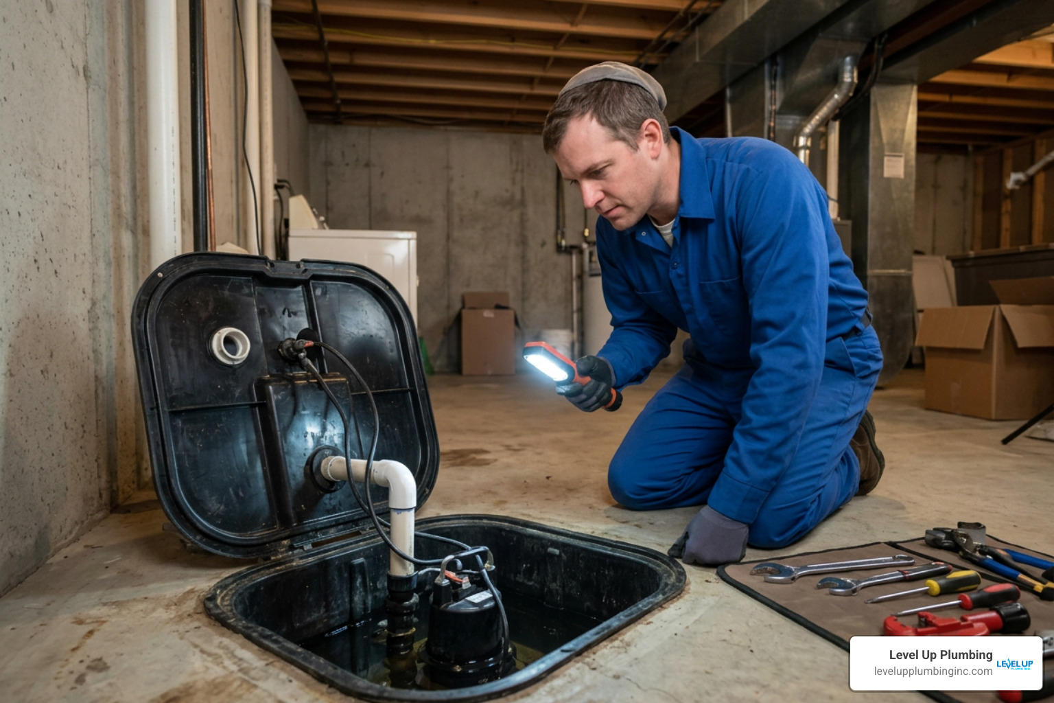 Licensed plumber inspecting a sump pit Licensed plumber inspecting a sump pit