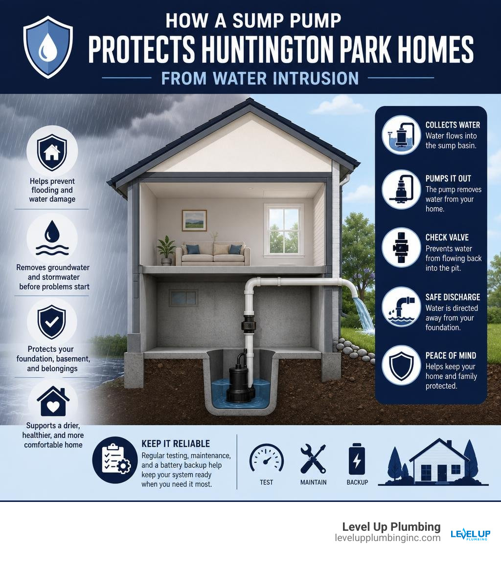 How a sump pump protects Huntington Park homes from water intrusion infographic How a sump pump protects Huntington Park homes from water intrusion infographic