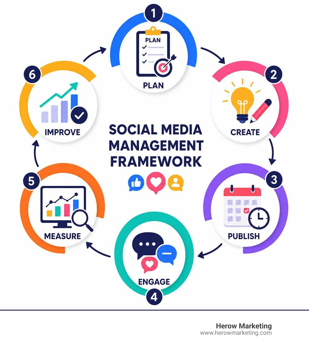 Social media management framework: plan, create, publish, engage, measure, improve infographic