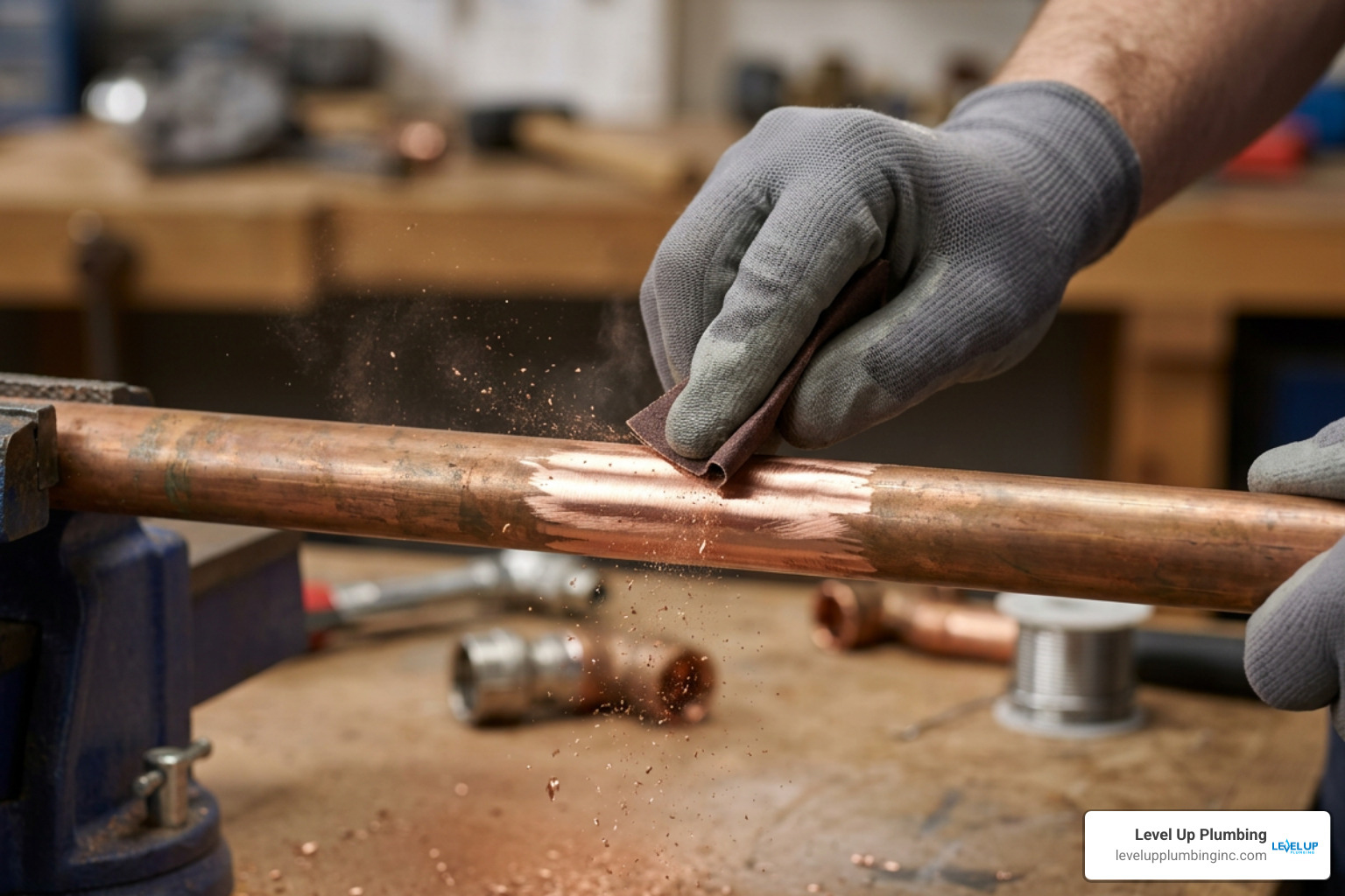 Preparing copper pipe surface with sandpaper Preparing copper pipe surface with sandpaper