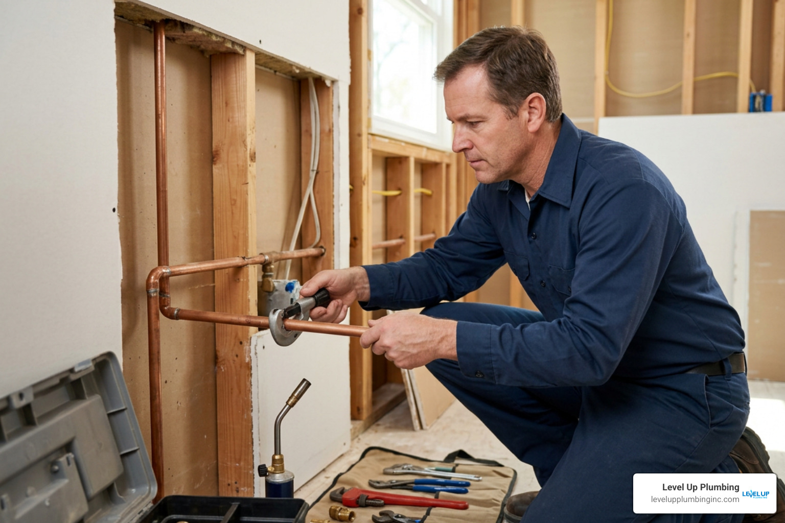 Plumber repairing copper line in home wall Plumber repairing copper line in home wall