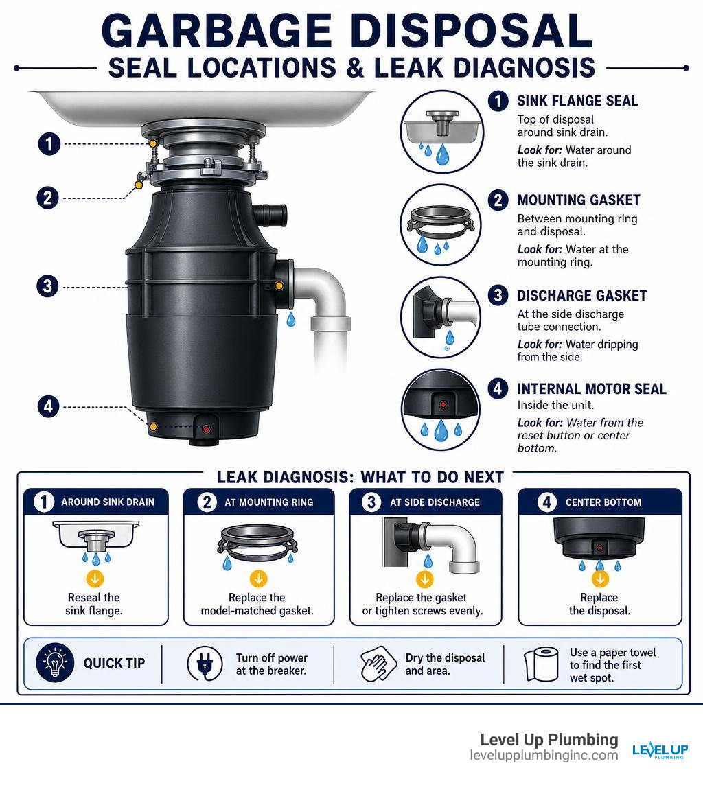 Garbage disposal seal locations and leak diagnosis infographic Garbage disposal seal locations and leak diagnosis infographic