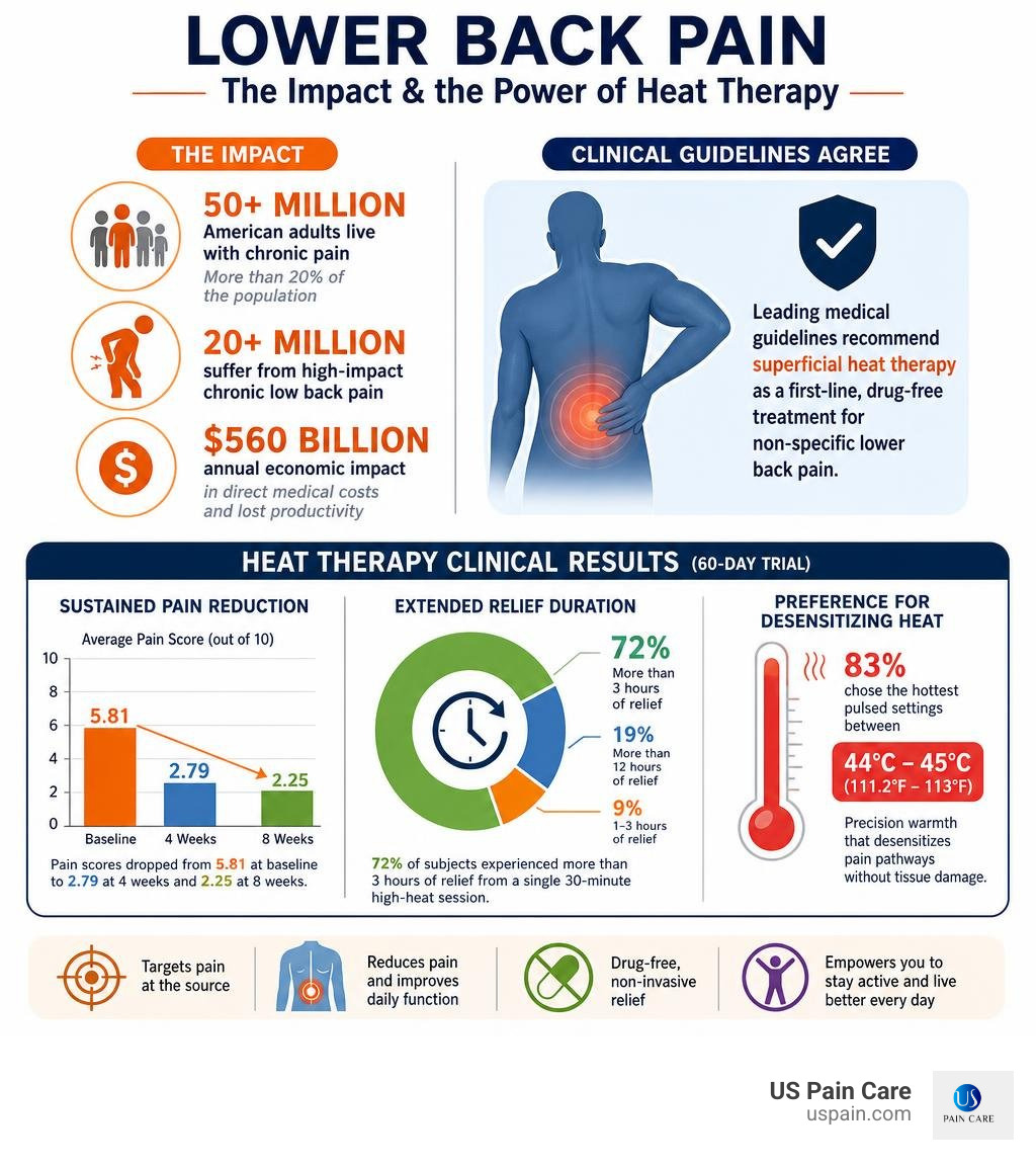 Lower back pain statistics and heat therapy efficacy infographic