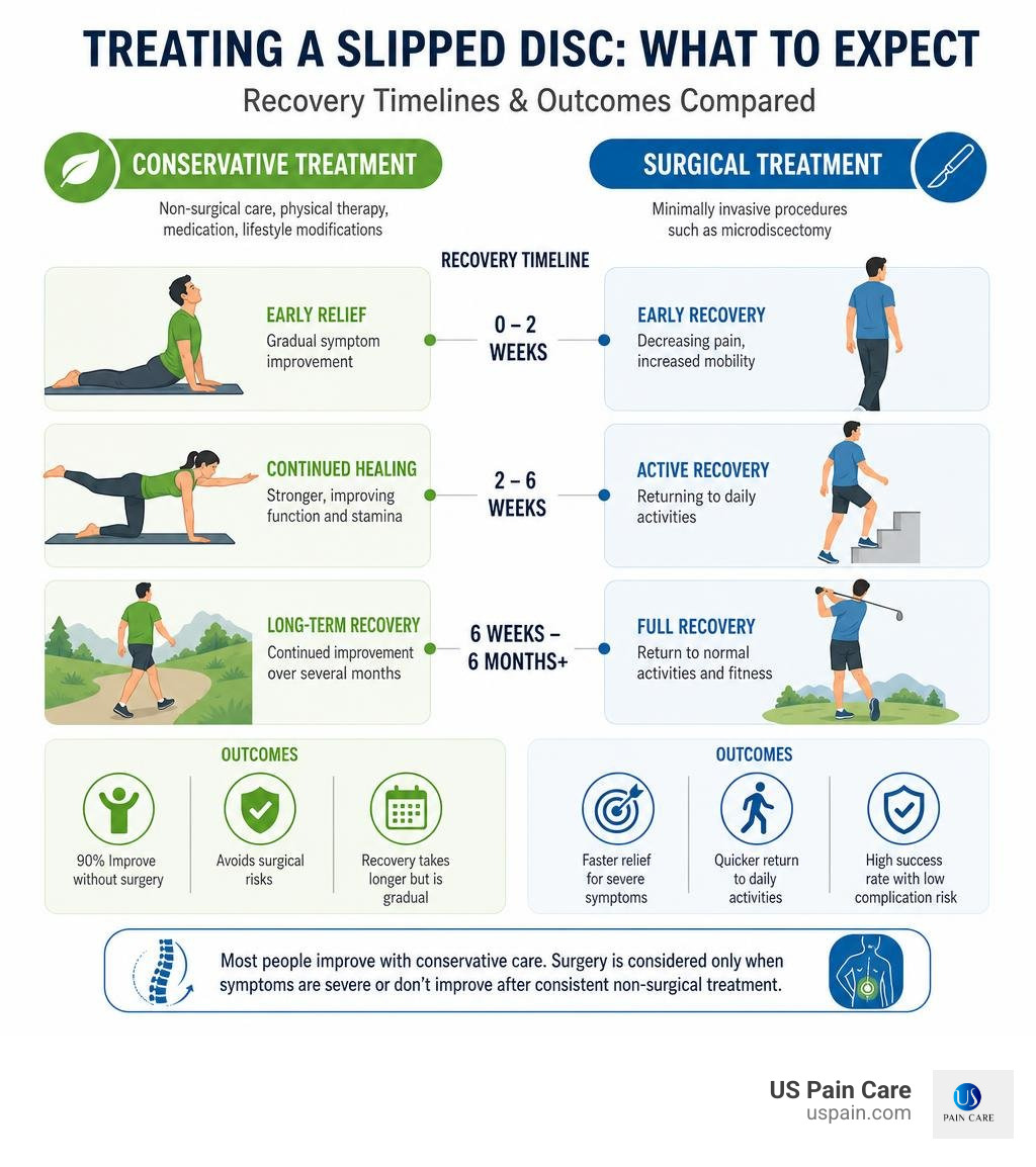 Comparison of recovery timelines and outcomes for conservative vs surgical treatment infographic
