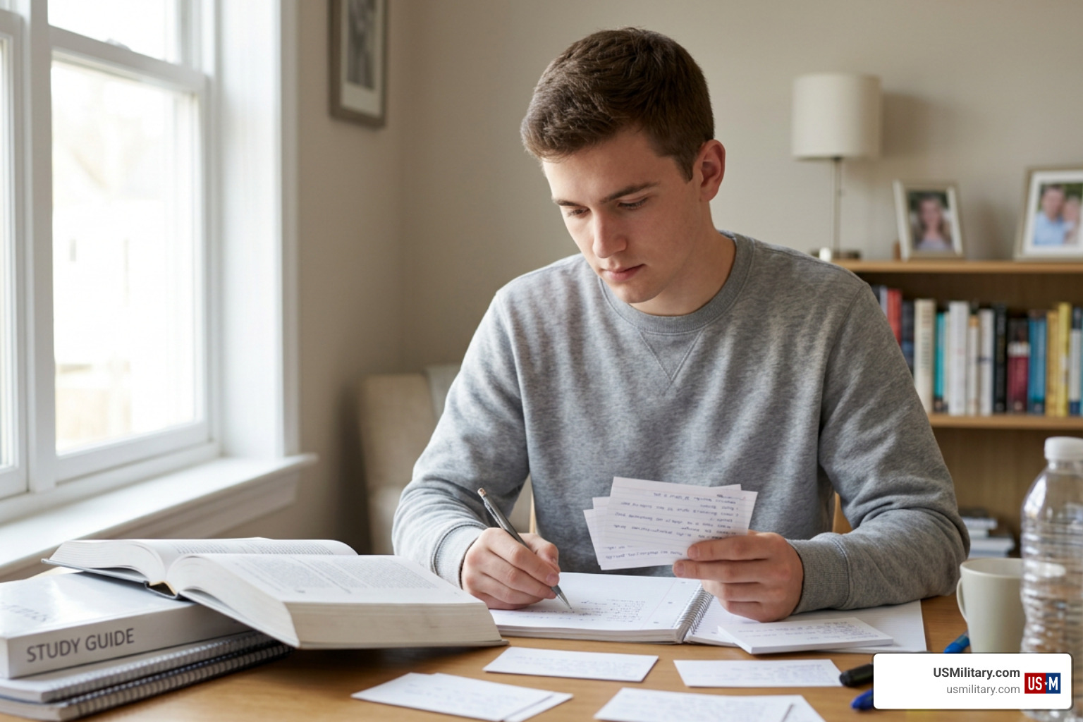 Applicant studying for the ASVAB exam with flashcards Applicant studying for the ASVAB exam with flashcards
