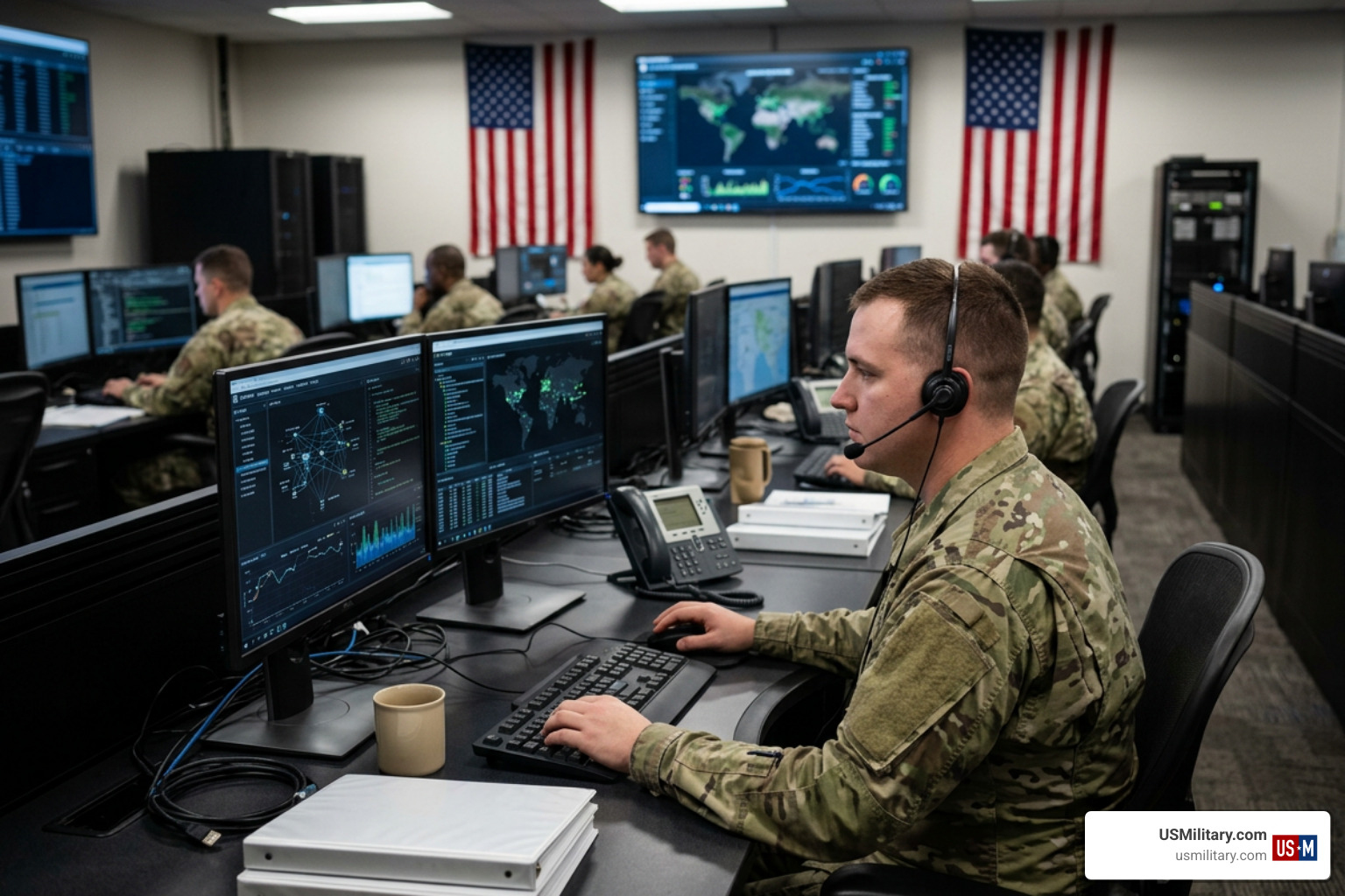 US military cyber operator working at a workstation US military cyber operator working at a workstation