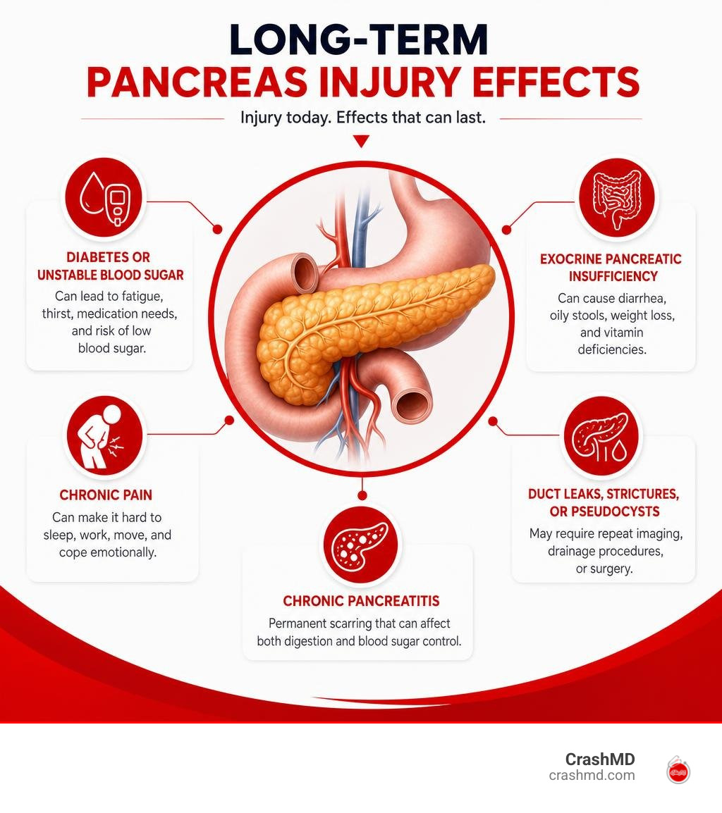 Infographic of long-term pancreas injury effects including pain digestion diabetes and duct complications infographic