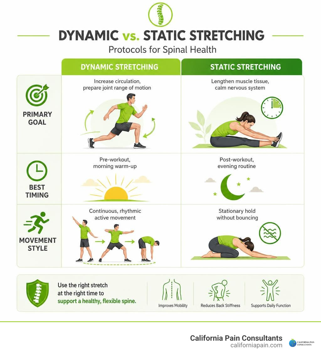 Comparison table of dynamic versus static stretching protocols for spinal health infographic Comparison table of dynamic versus static stretching protocols for spinal health infographic