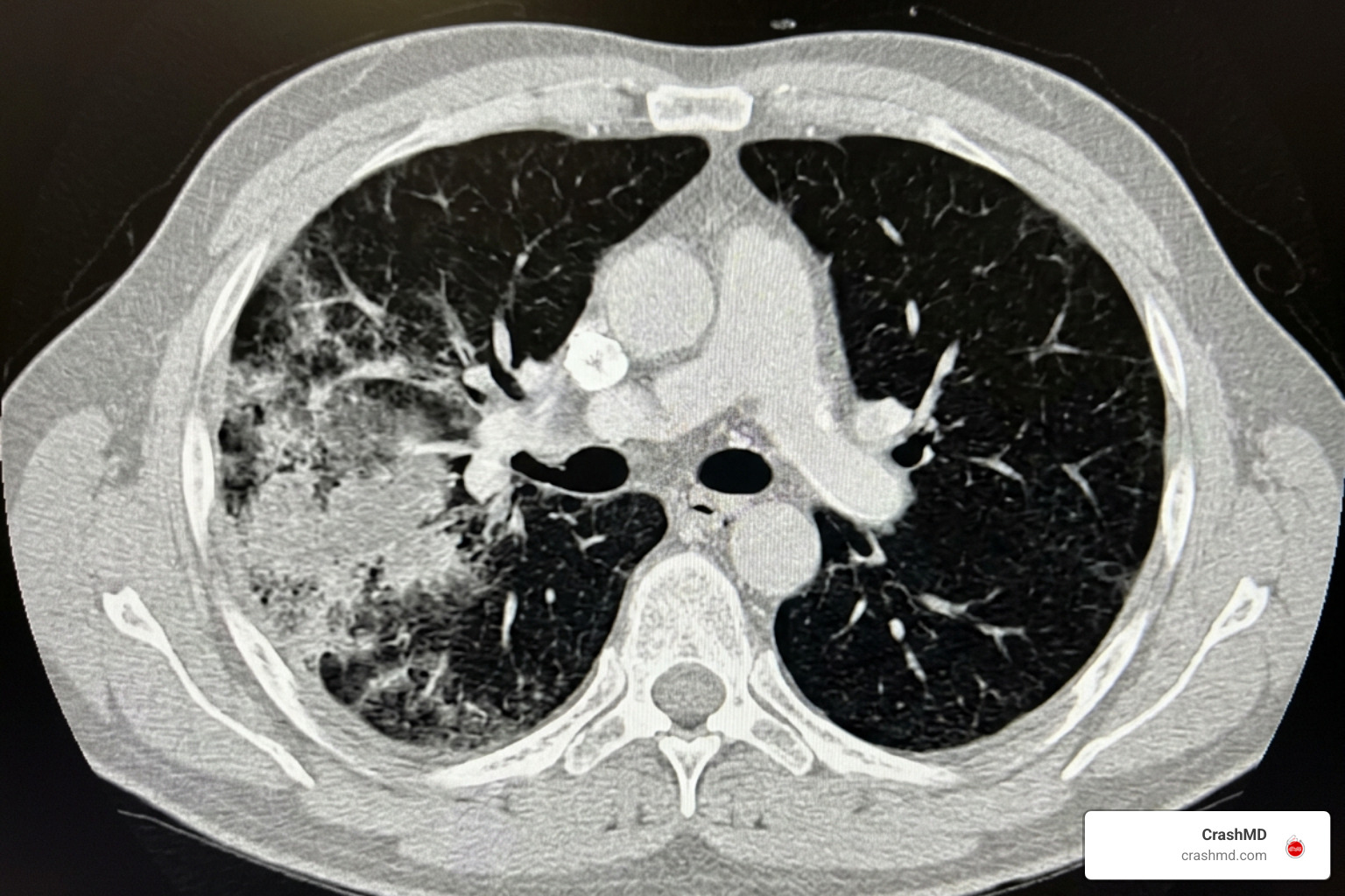 chest CT scan identifying lung parenchymal contusion