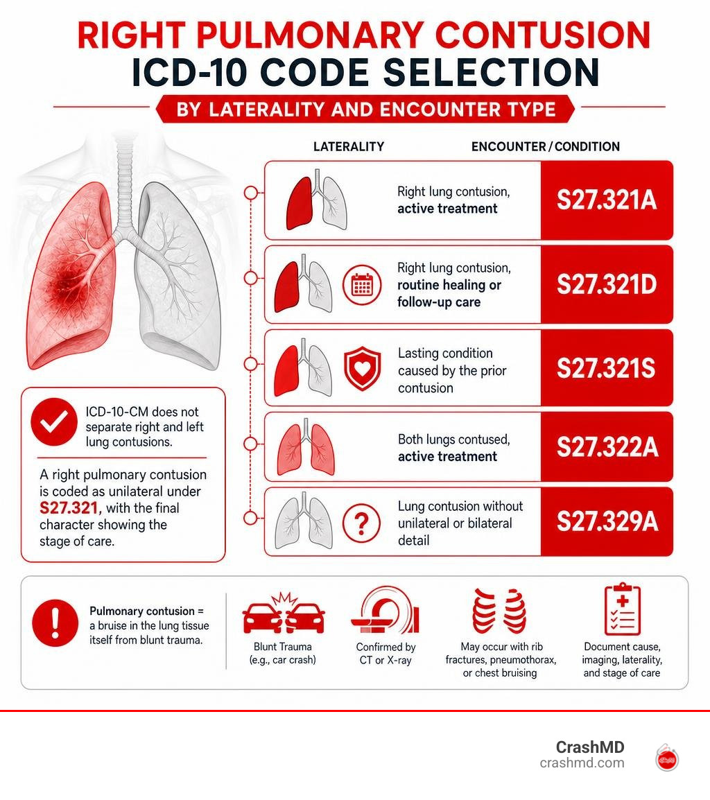 Right pulmonary contusion ICD-10 code selection by laterality and encounter type infographic
