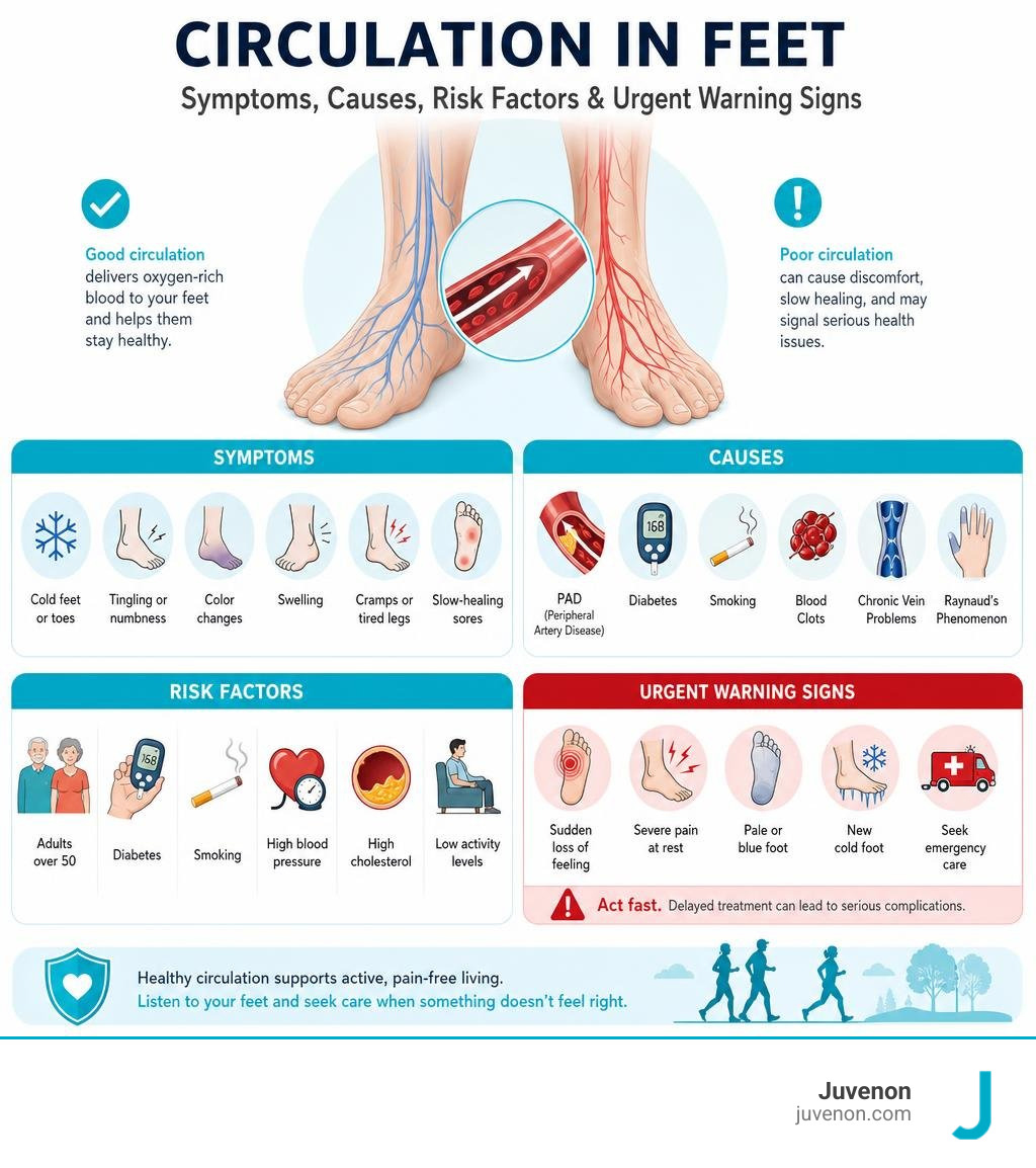 Infographic showing foot circulation symptoms causes risk factors and urgent warning signs infographic