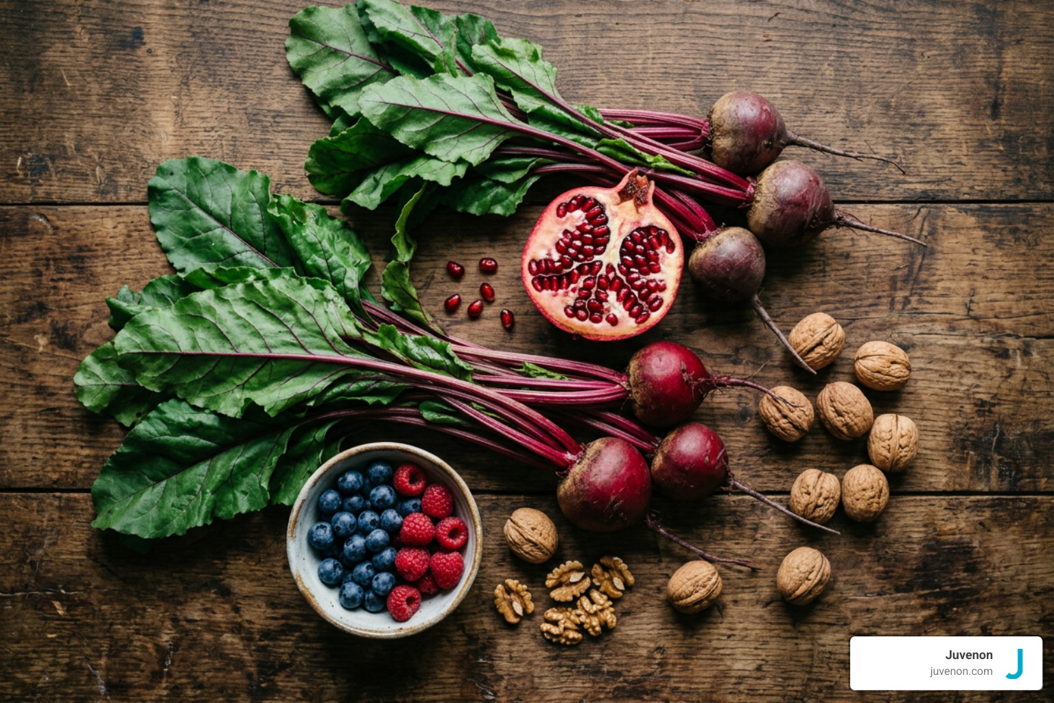 Healthy natural ingredients like beetroot, pomegranate, and essential vitamins for blood vessel health