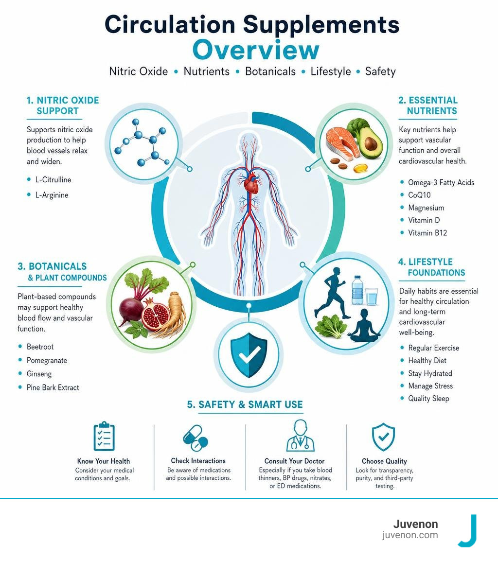 Circulation supplements overview: nitric oxide, nutrients, botanicals, lifestyle, and safety infographic