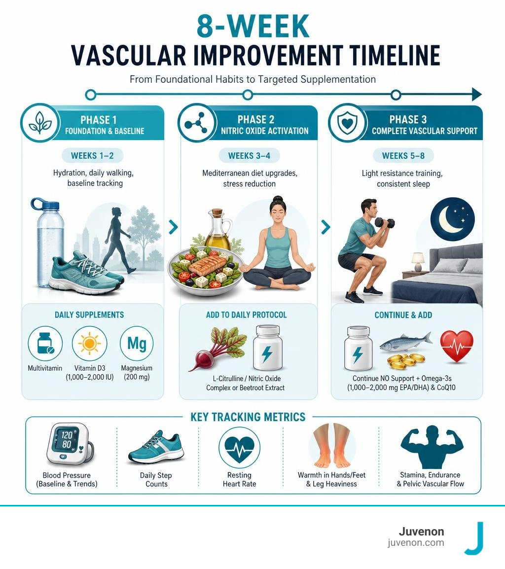 8-Week vascular improvement timeline from foundational habits to targeted supplementation infographic