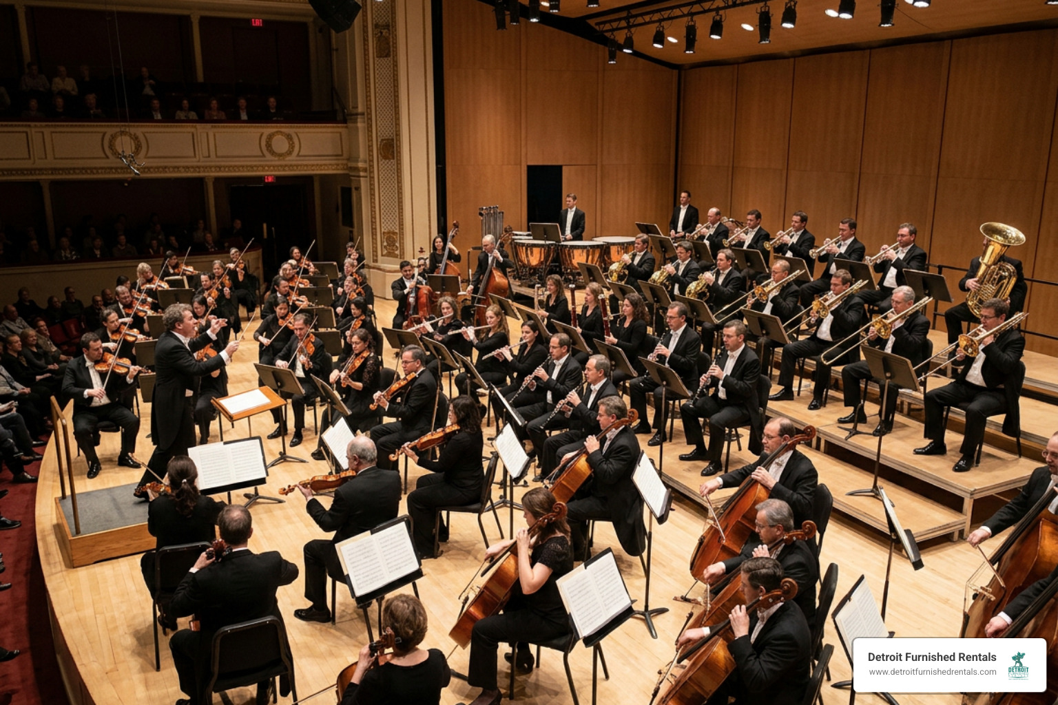 Live orchestra performing on stage with brass and string sections Live orchestra performing on stage with brass and string sections