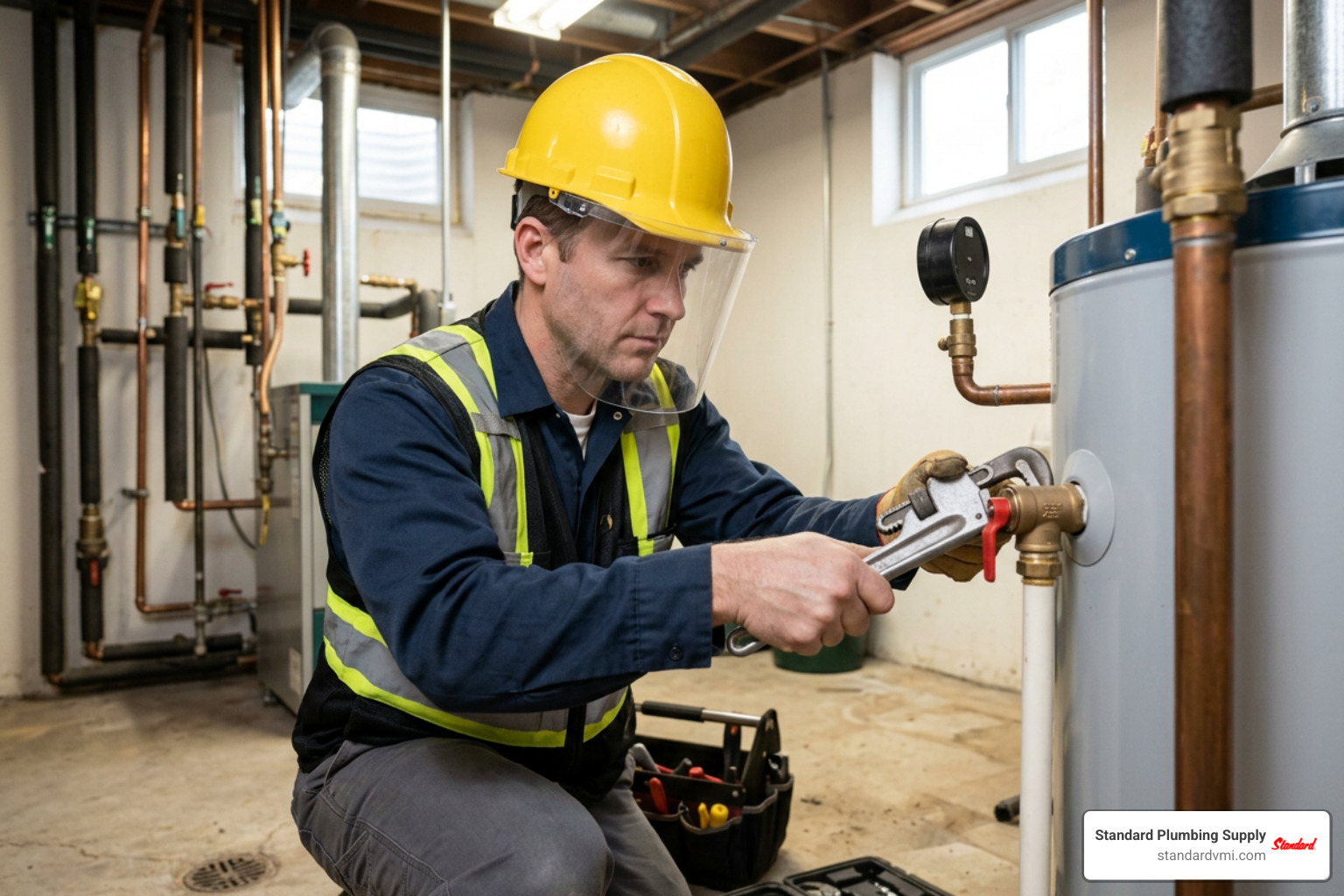 Plumbing technician inspecting safety relief valve test lever Plumbing technician inspecting safety relief valve test lever