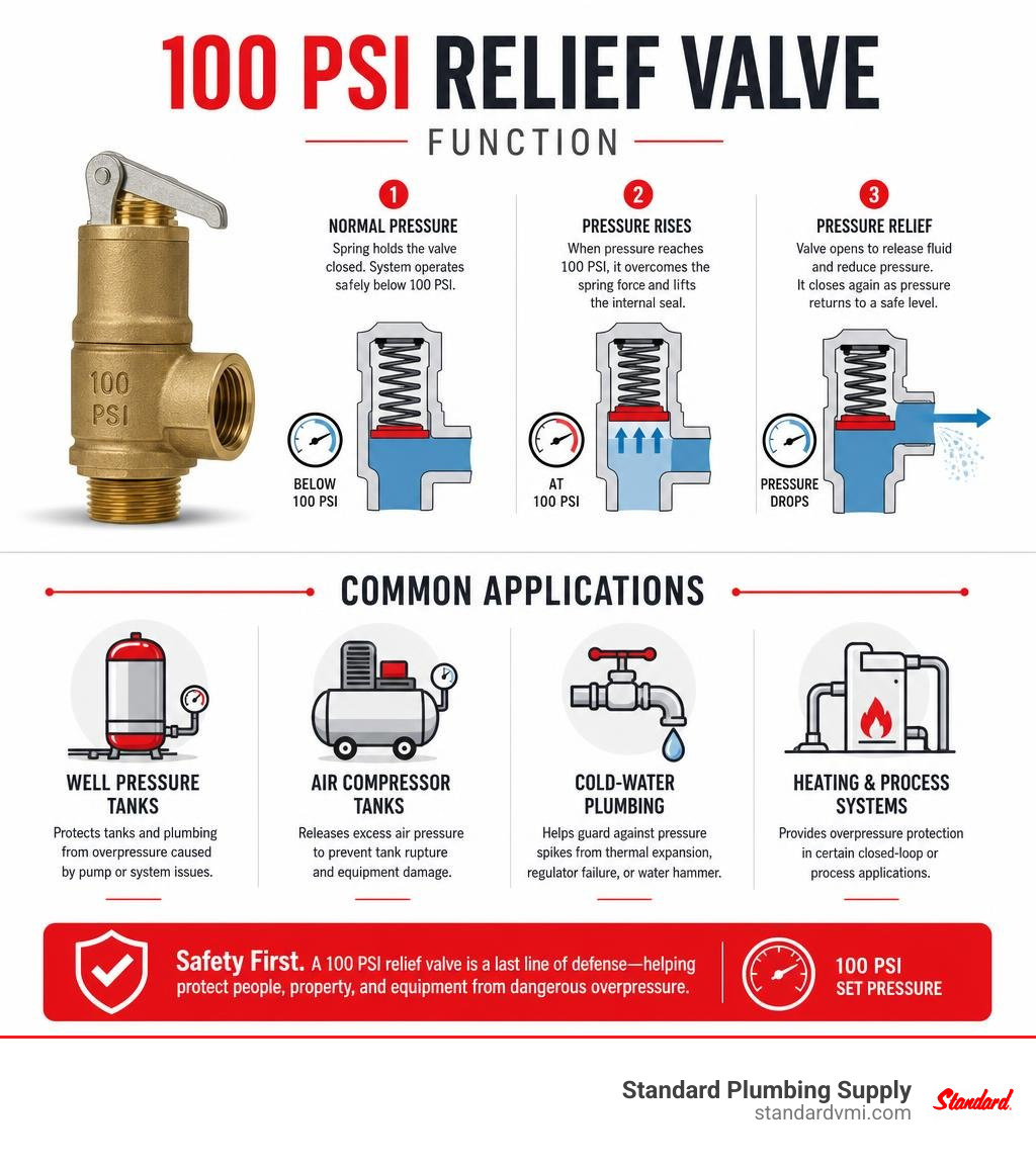 100 PSI relief valve function and common applications infographic infographic 100 PSI relief valve function and common applications infographic infographic