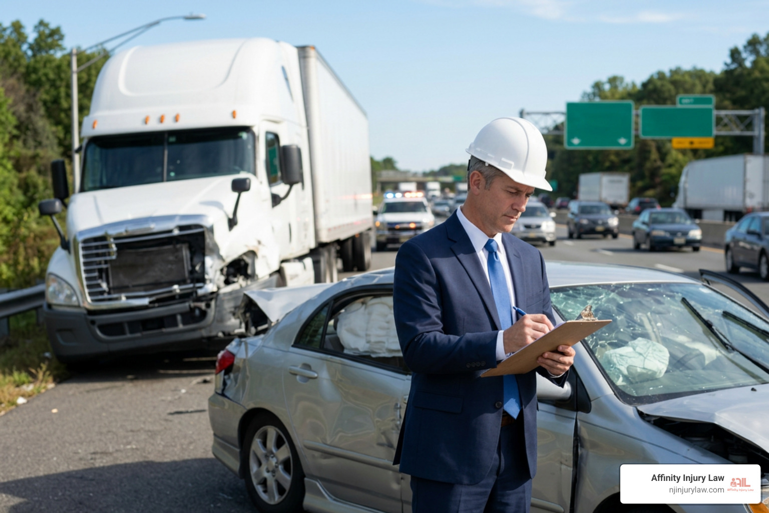 Insurance adjuster evaluating damaged vehicle after New Jersey truck crash