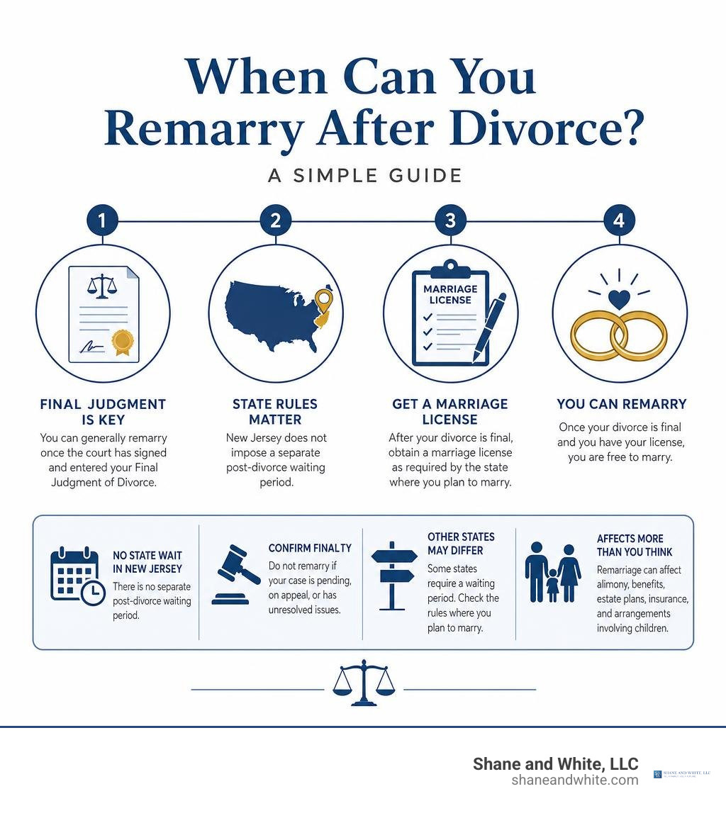 Infographic showing divorce final judgment, state rules, license, and remarriage timing infographic