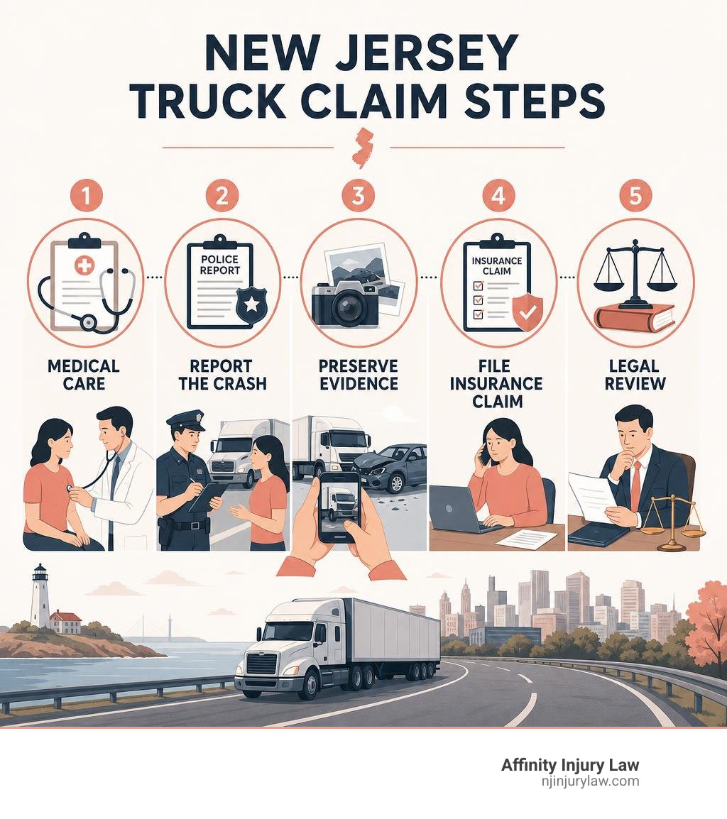 New Jersey truck claim steps: medical care, report, evidence, insurance claim, legal review infographic