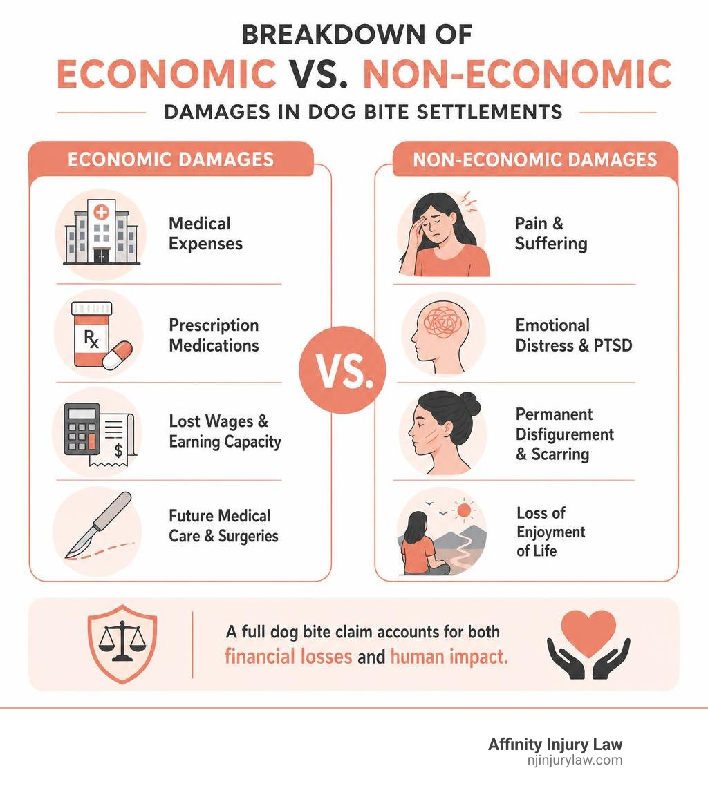 Breakdown of economic vs non-economic damages in dog bite settlements infographic Breakdown of economic vs non-economic damages in dog bite settlements infographic