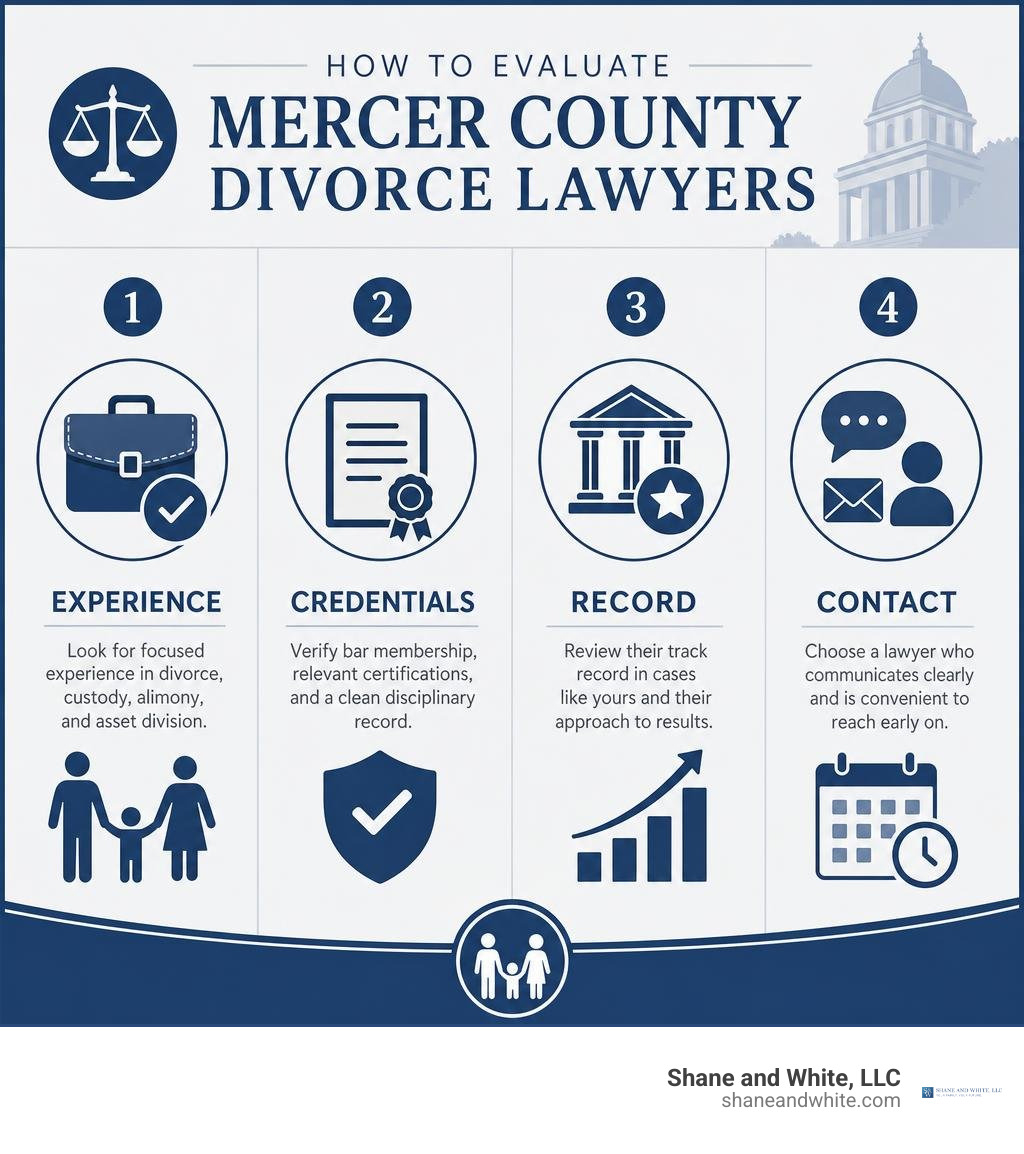 How to evaluate Mercer County divorce lawyers: experience, credentials, record, contact infographic