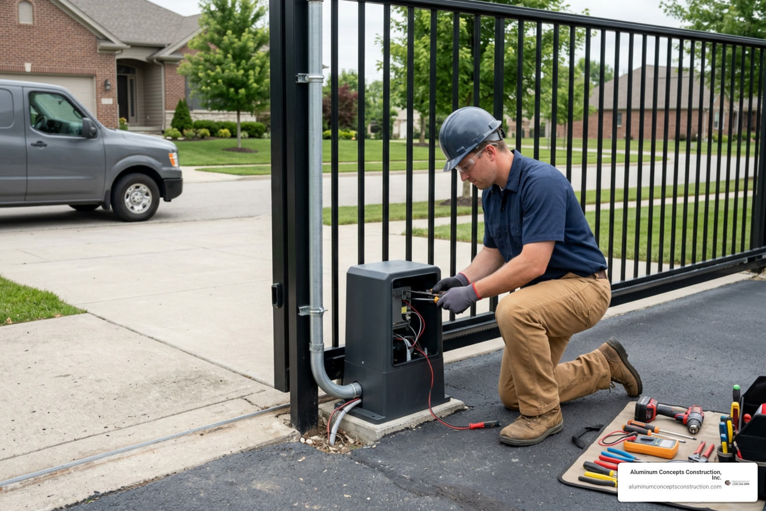 technician installing automated sliding gate motor frame and wiring