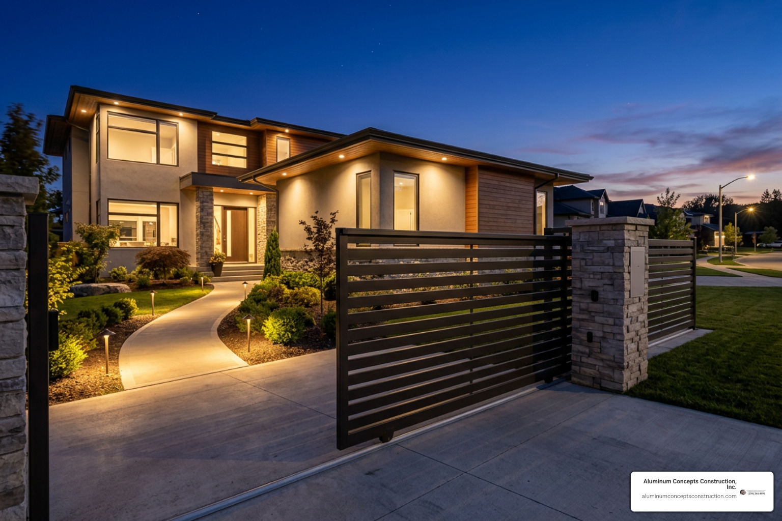 completed modern residential driveway entrance with automated gate