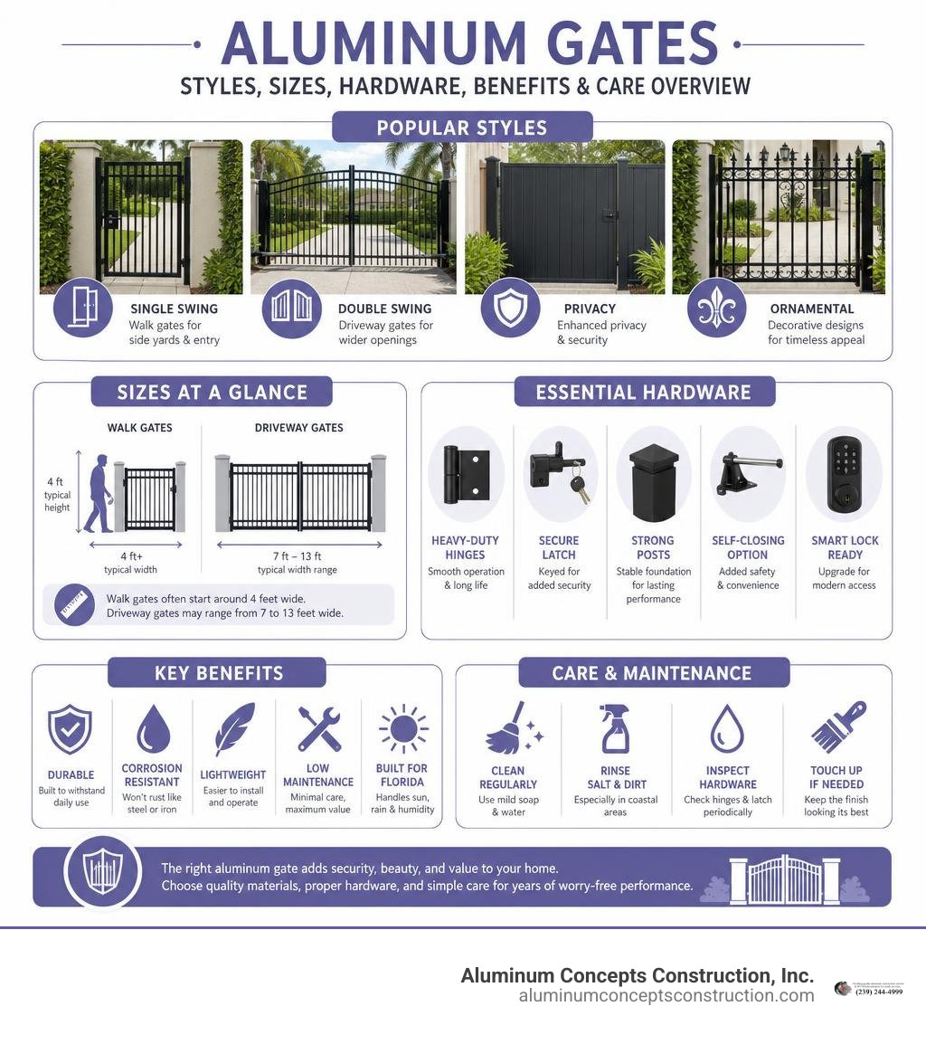 Aluminum gate styles, sizes, hardware, benefits, and care overview infographic