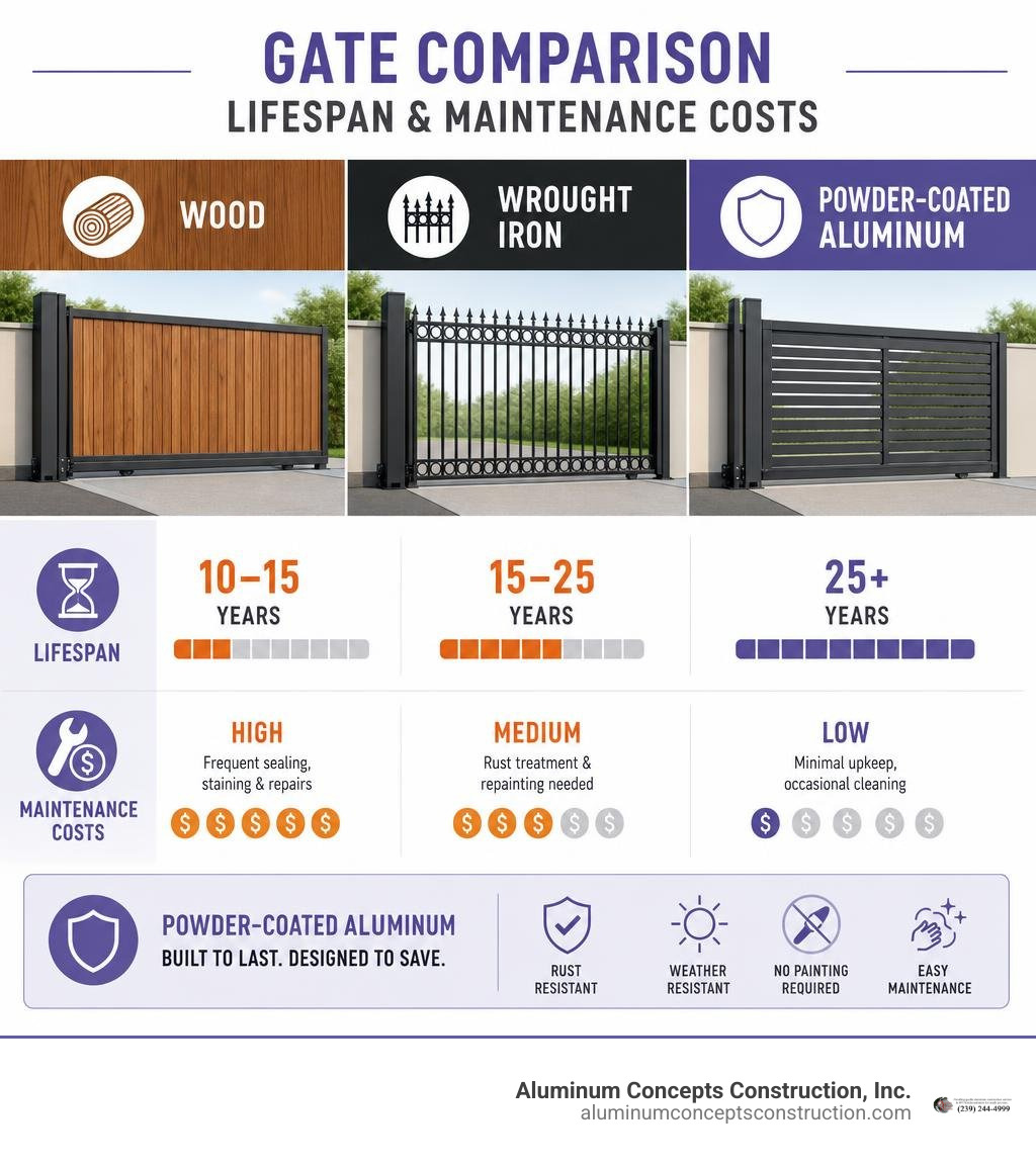 Comparison of gate lifespan and maintenance costs between wood, wrought iron, and powder-coated aluminum infographic
