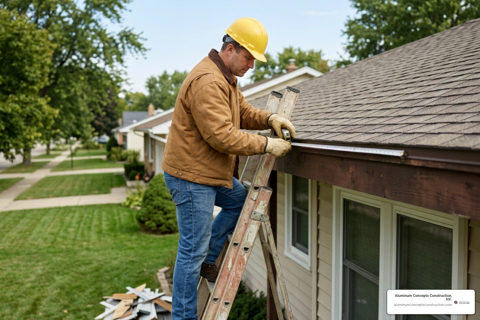 contractor measuring roofline slope along fascia board