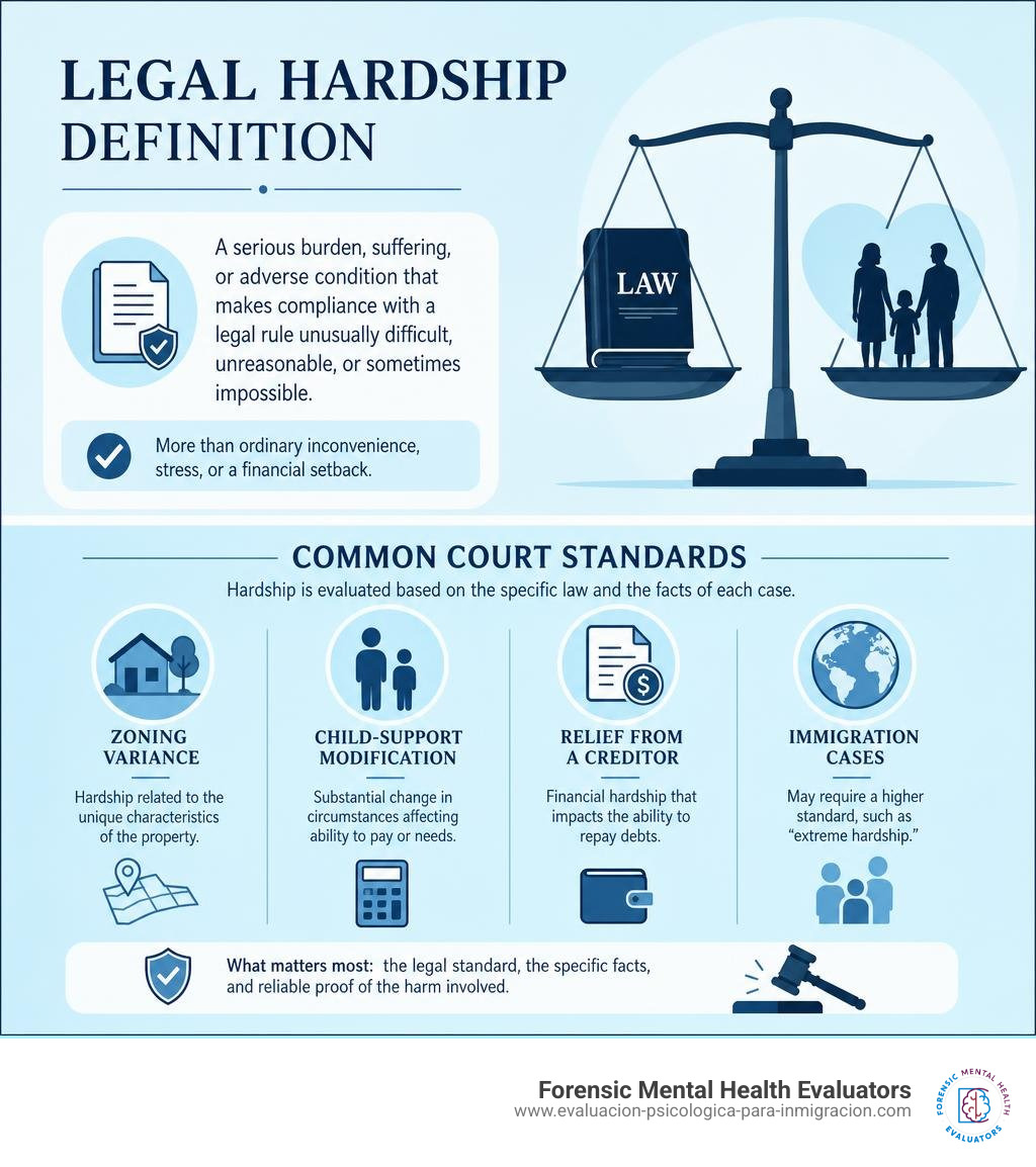 Legal hardship definition and common court standards infographic