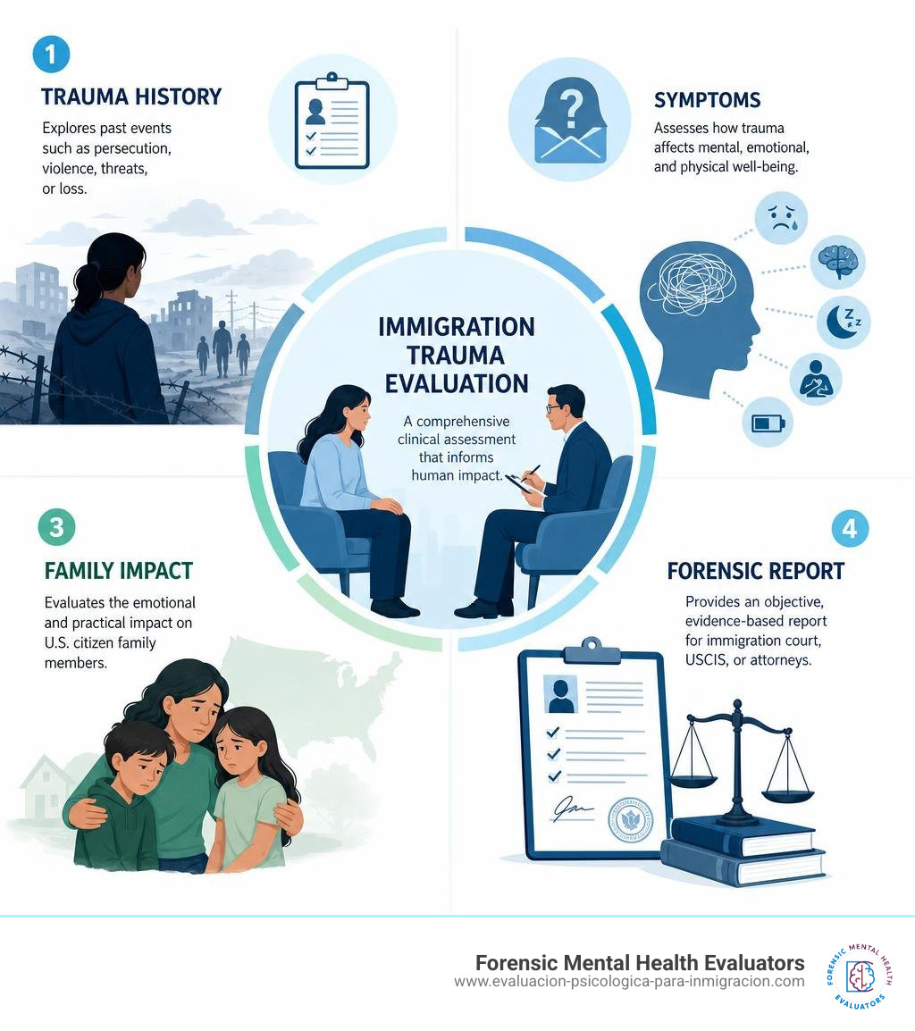 Immigration trauma evaluation: trauma history, symptoms, family impact, and forensic report infographic Immigration trauma evaluation: trauma history, symptoms, family impact, and forensic report infographic