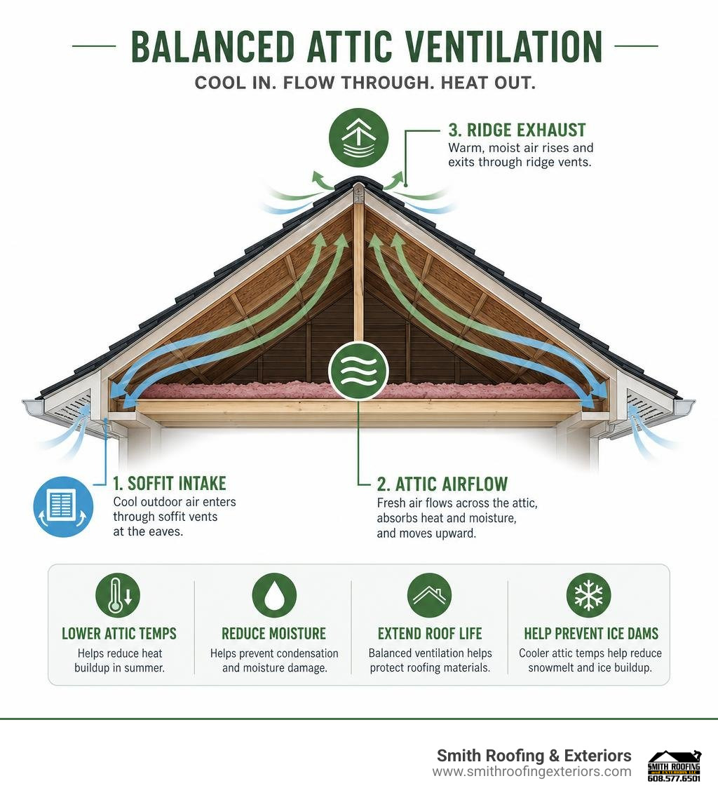 Infographic showing soffit intake, attic airflow, and ridge exhaust ventilation infographic Infographic showing soffit intake, attic airflow, and ridge exhaust ventilation infographic