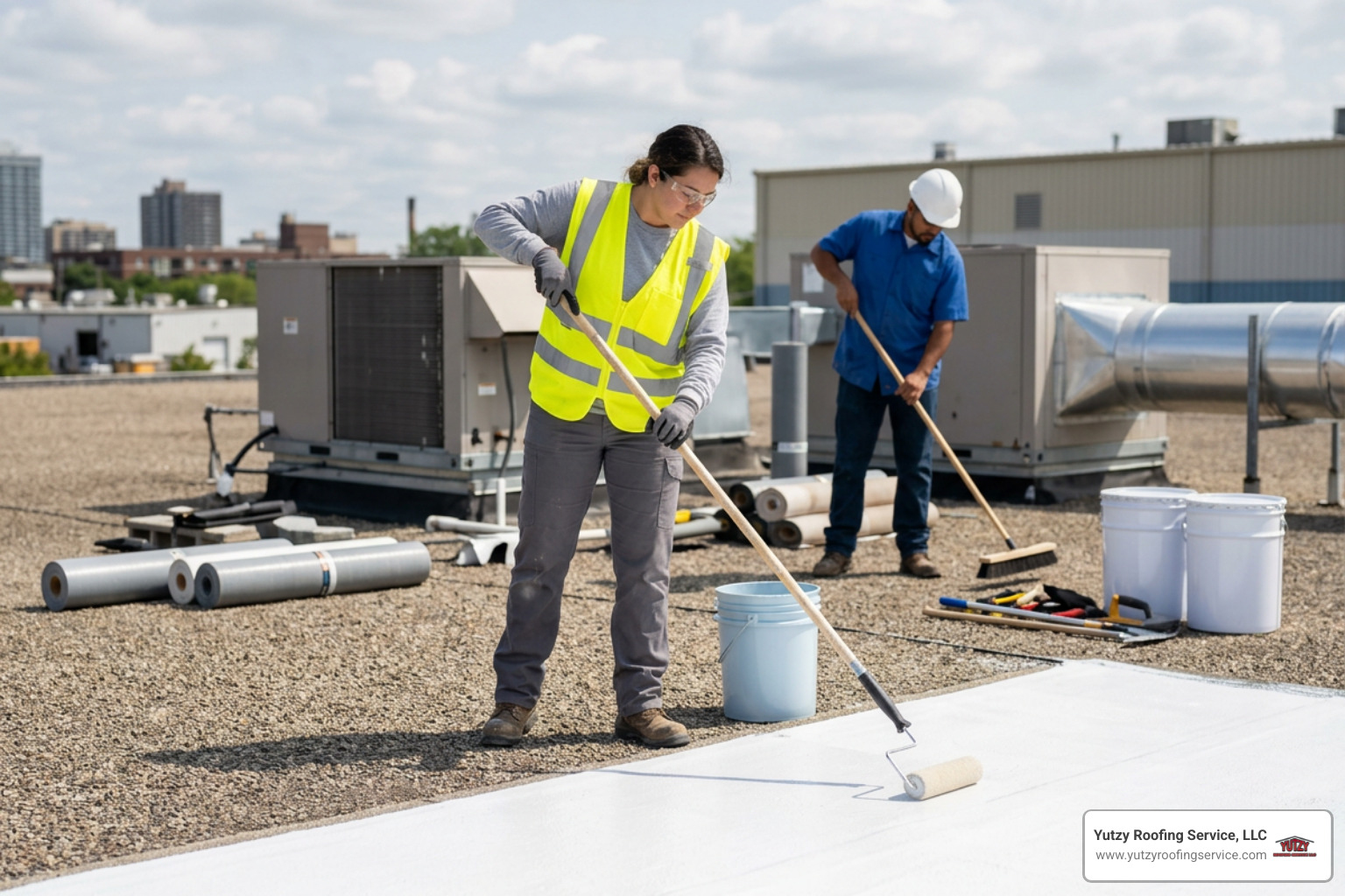 Commercial roof contractor applying fluid roof coating Commercial roof contractor applying fluid roof coating