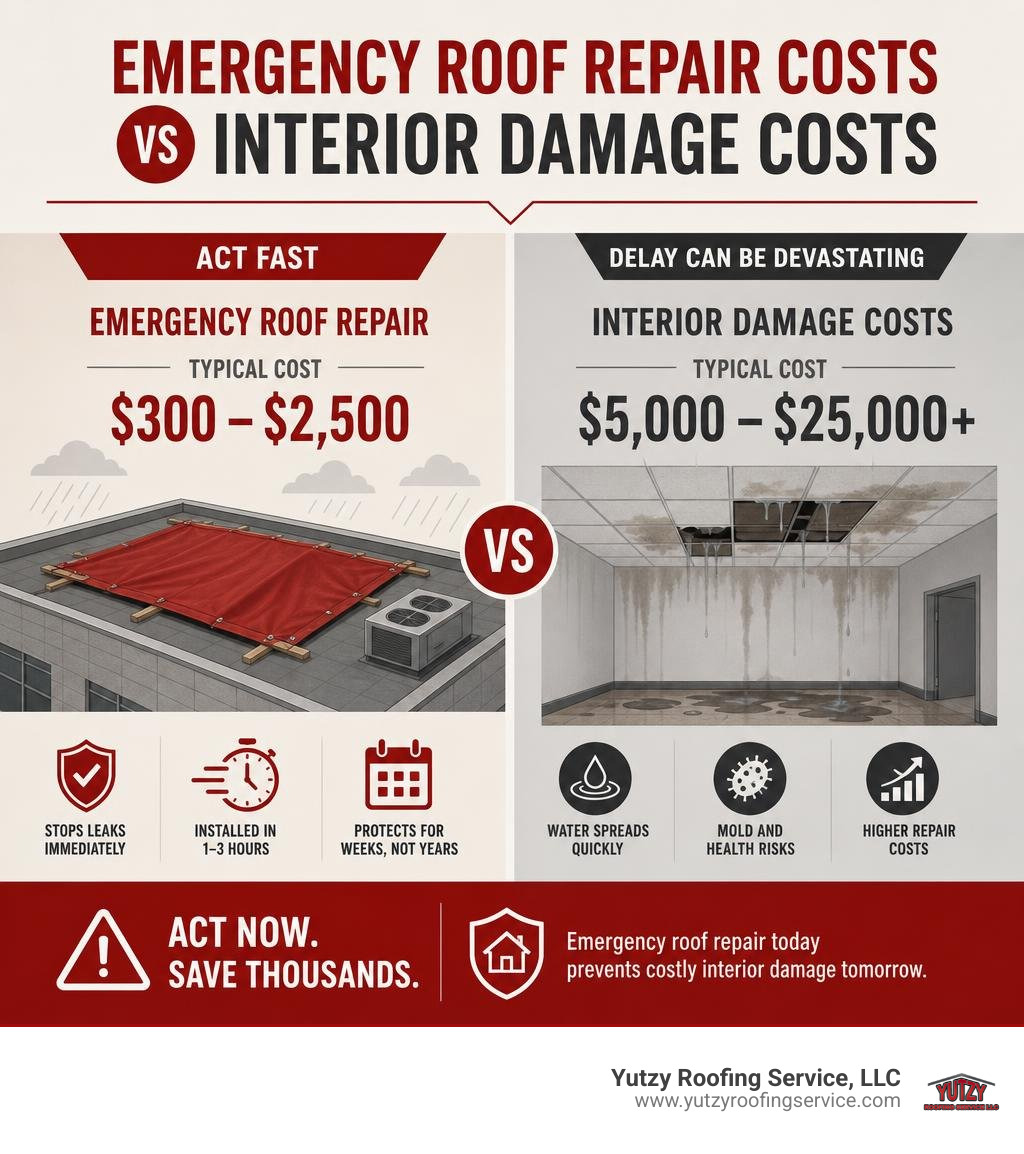 Emergency roof repair costs vs interior damage costs infographic Emergency roof repair costs vs interior damage costs infographic