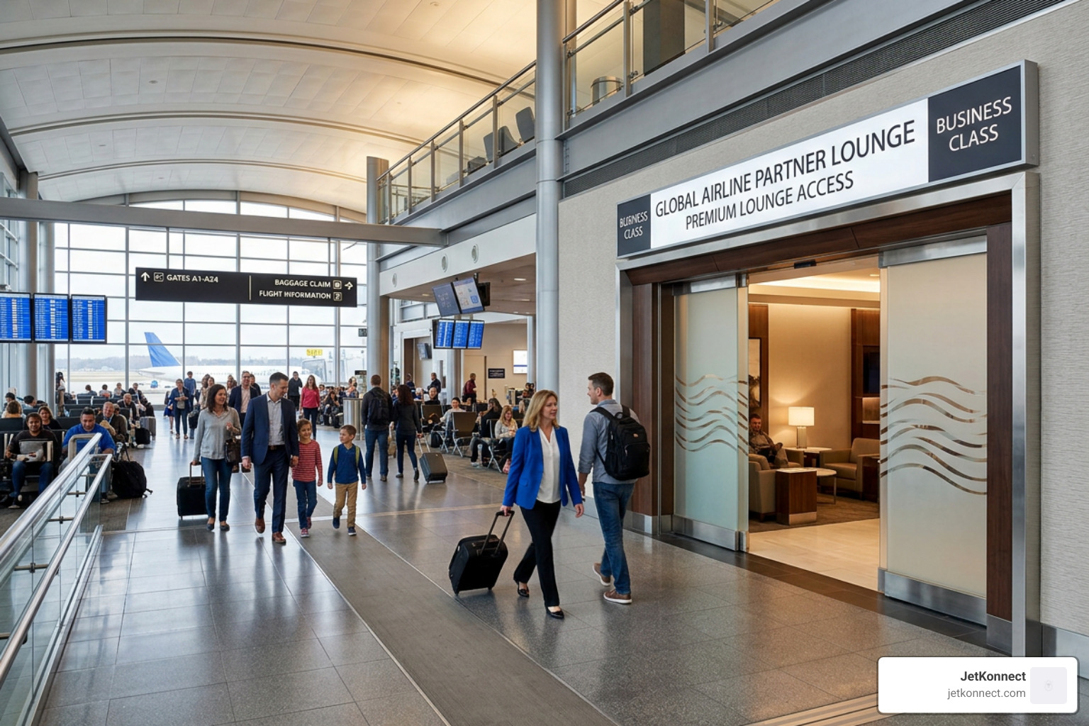 Airport terminal concourse with global airline partner lounge signage Airport terminal concourse with global airline partner lounge signage