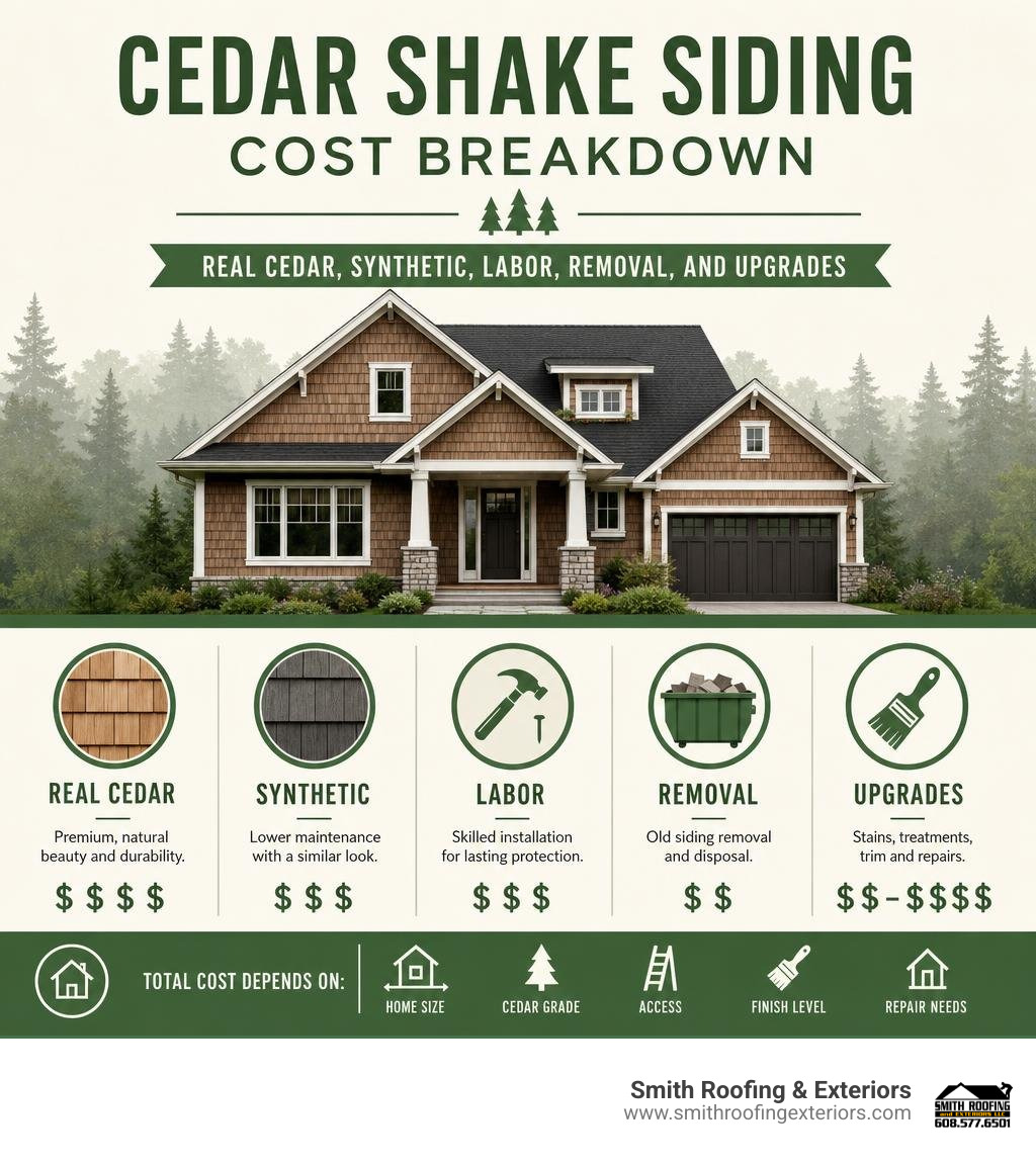 Cedar shake siding cost breakdown: real cedar, synthetic, labor, removal, and upgrades infographic Cedar shake siding cost breakdown: real cedar, synthetic, labor, removal, and upgrades infographic