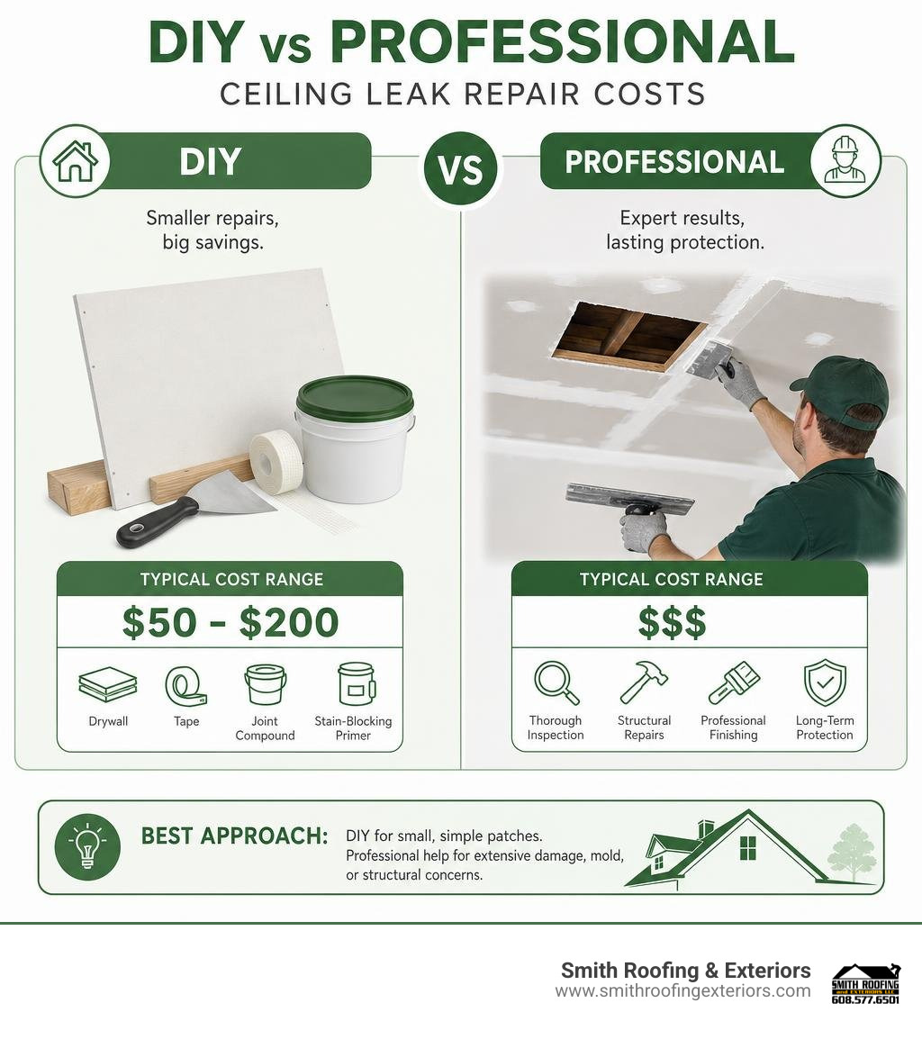 Comparison of DIY vs Professional ceiling leak repair costs infographic Comparison of DIY vs Professional ceiling leak repair costs infographic