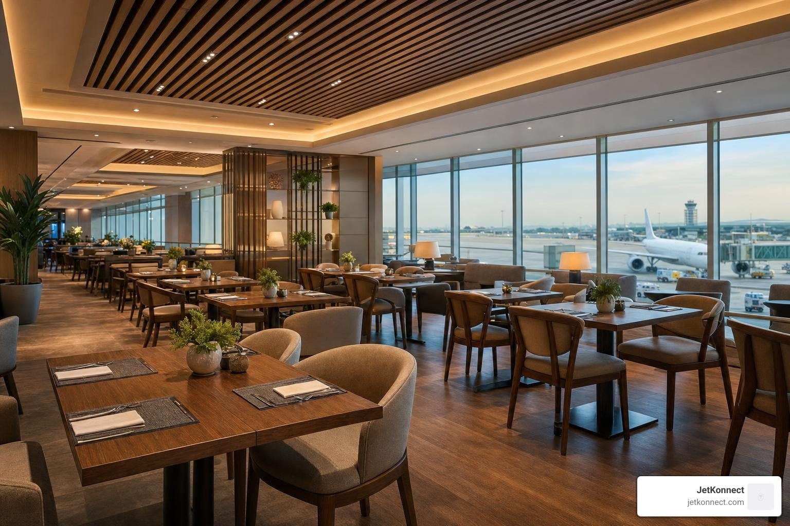 The spacious dining room inside the renovated United Polaris Lounge at O'Hare