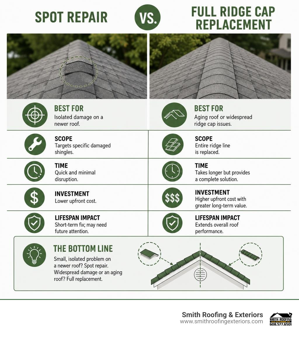 Comparison of spot repair vs full ridge cap replacement infographic Comparison of spot repair vs full ridge cap replacement infographic