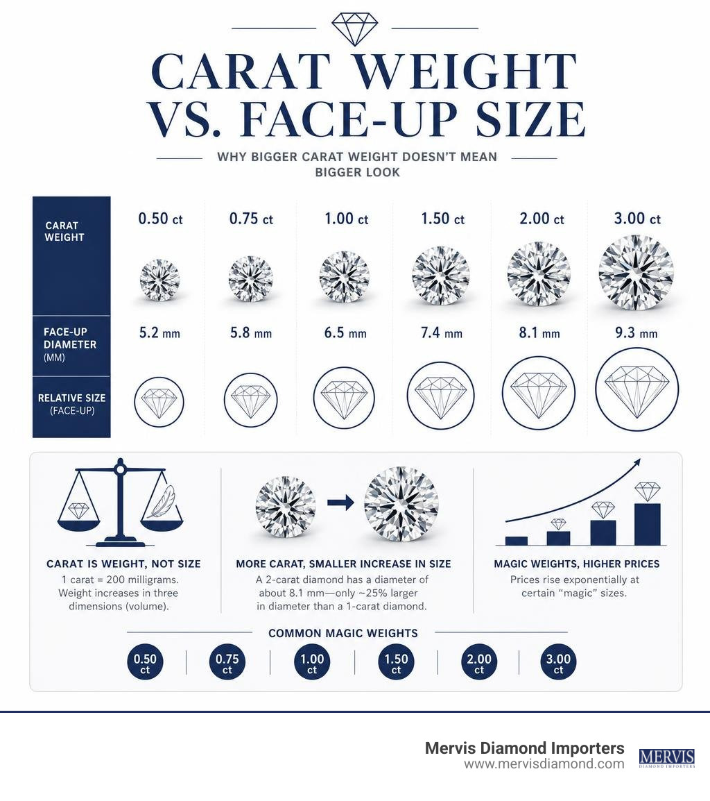 Infographic comparing diamond carat weight versus face up surface area dimensions infographic