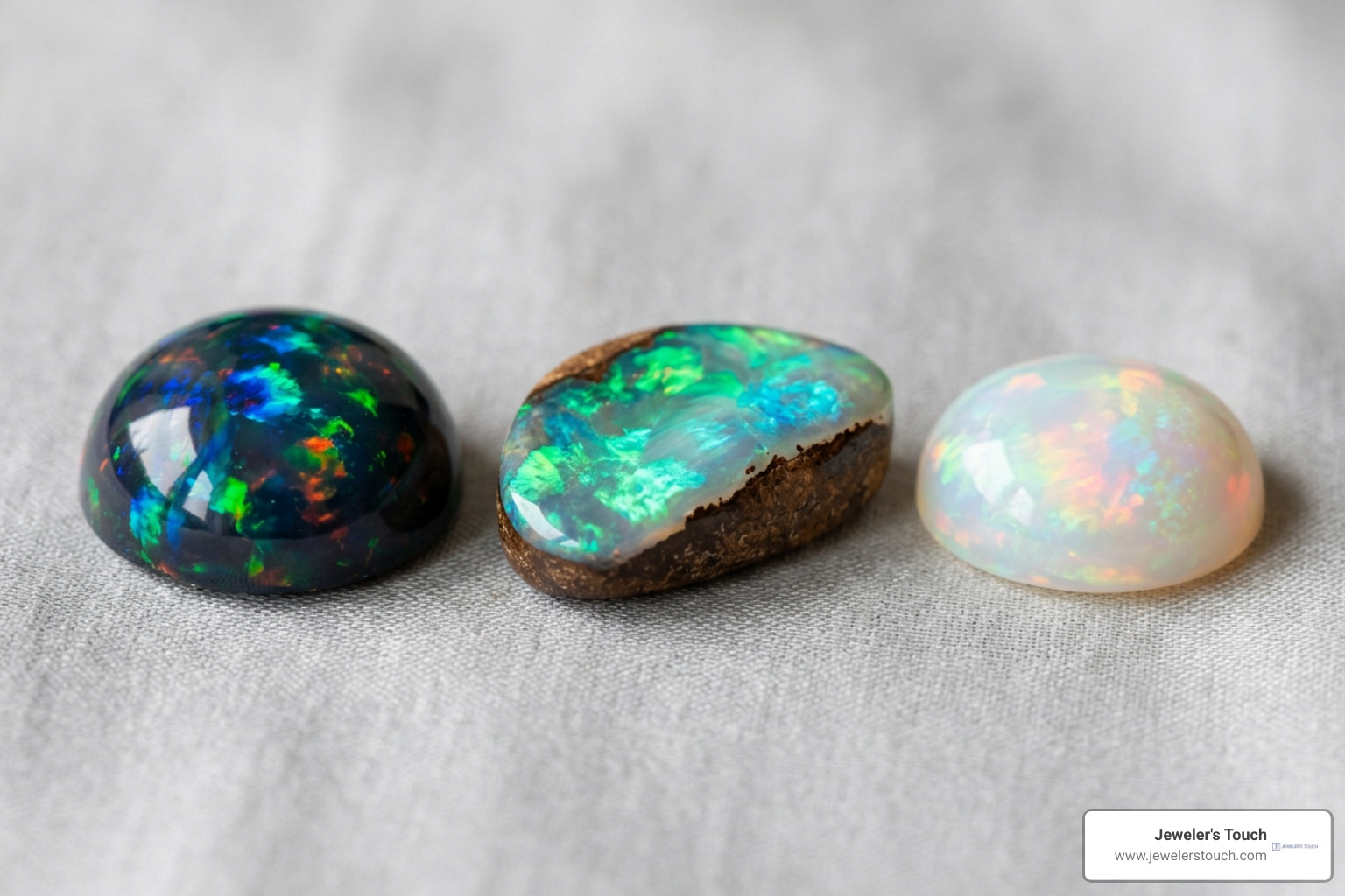 Comparison of black opal, boulder opal, and white opal gemstones Comparison of black opal, boulder opal, and white opal gemstones