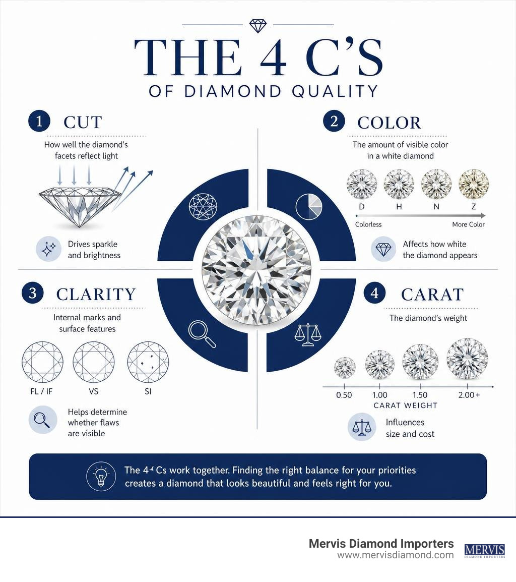 Infographic showing cut color clarity and carat diamond quality factors infographic