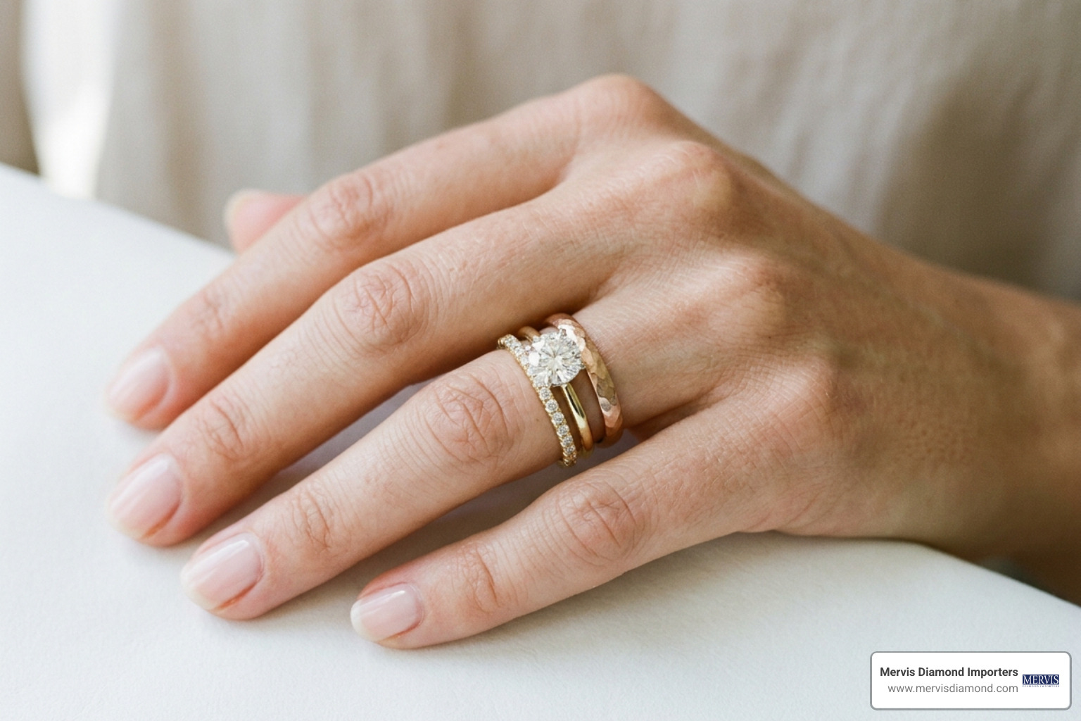 Multi-band ring stack with mixed metals and diamond bands Multi-band ring stack with mixed metals and diamond bands