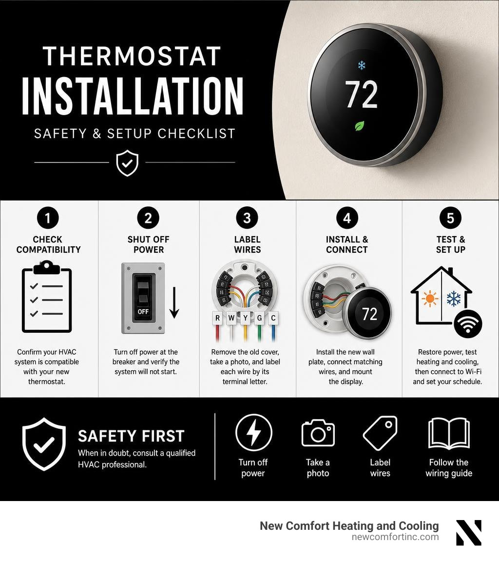 Thermostat installation safety and setup checklist infographic Thermostat installation safety and setup checklist infographic