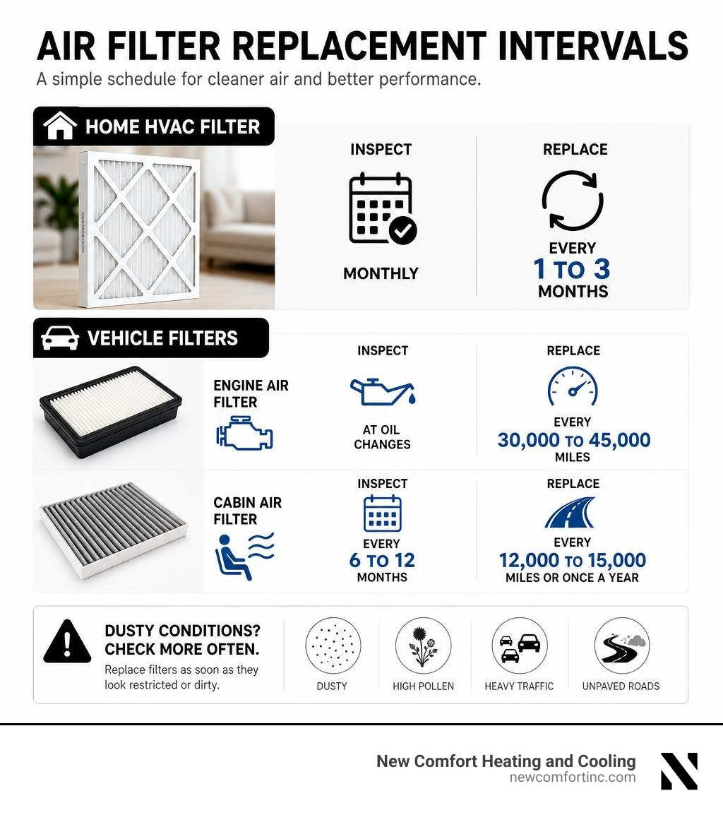 Air filter replacement intervals for home HVAC and vehicle filters infographic Air filter replacement intervals for home HVAC and vehicle filters infographic