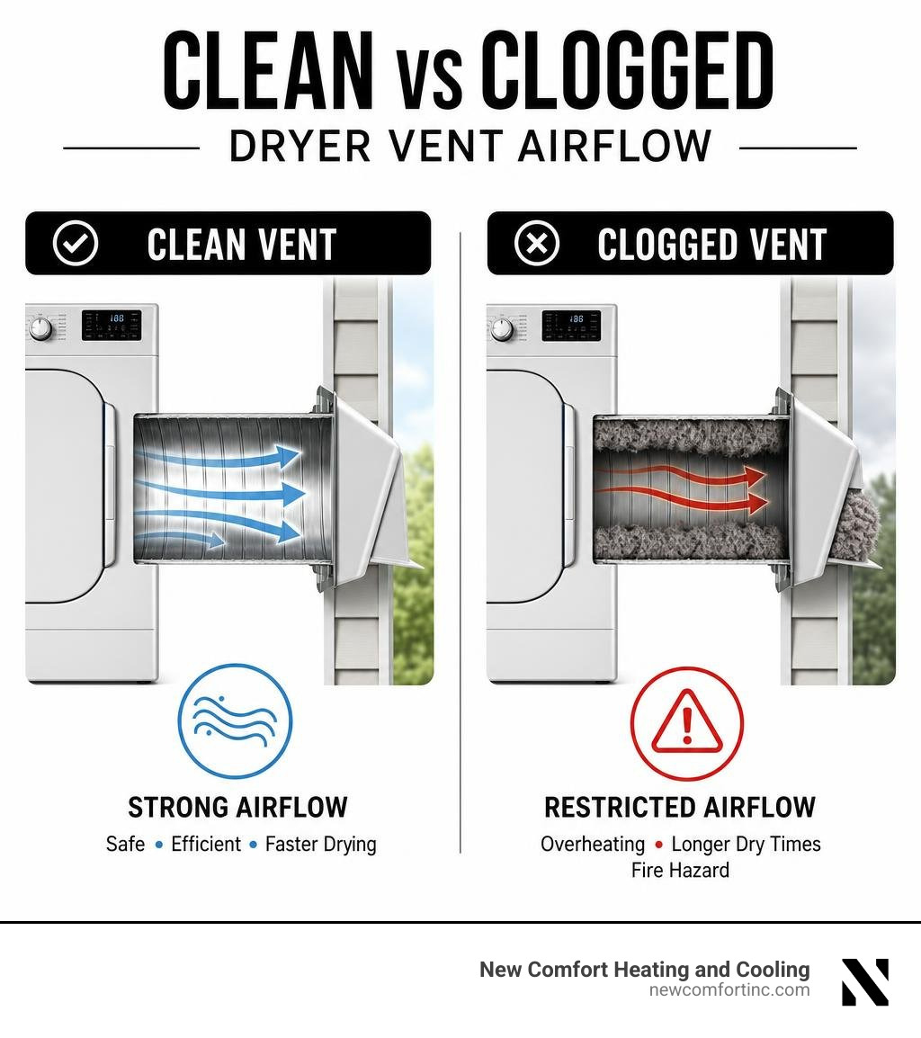 Comparison of Clean vs Clogged Dryer Vent Airflow infographic Comparison of Clean vs Clogged Dryer Vent Airflow infographic