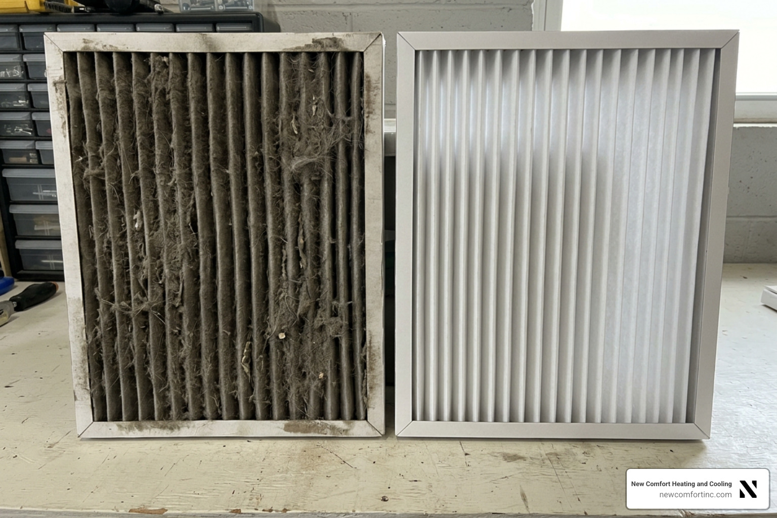 Dirty versus clean HVAC air filter side-by-side comparison Dirty versus clean HVAC air filter side-by-side comparison